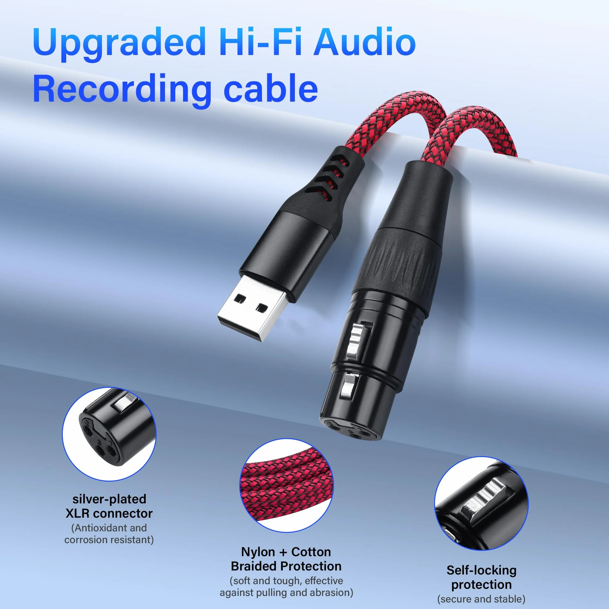 SinLoon Kabel mikrofonowy XLR na USB, 3-biegunowe gniazdo XLR na adapter USB-A | 2m/6,5FT pleciony kabel audio do połączeń z PC i urządzeniami nagrywającymi