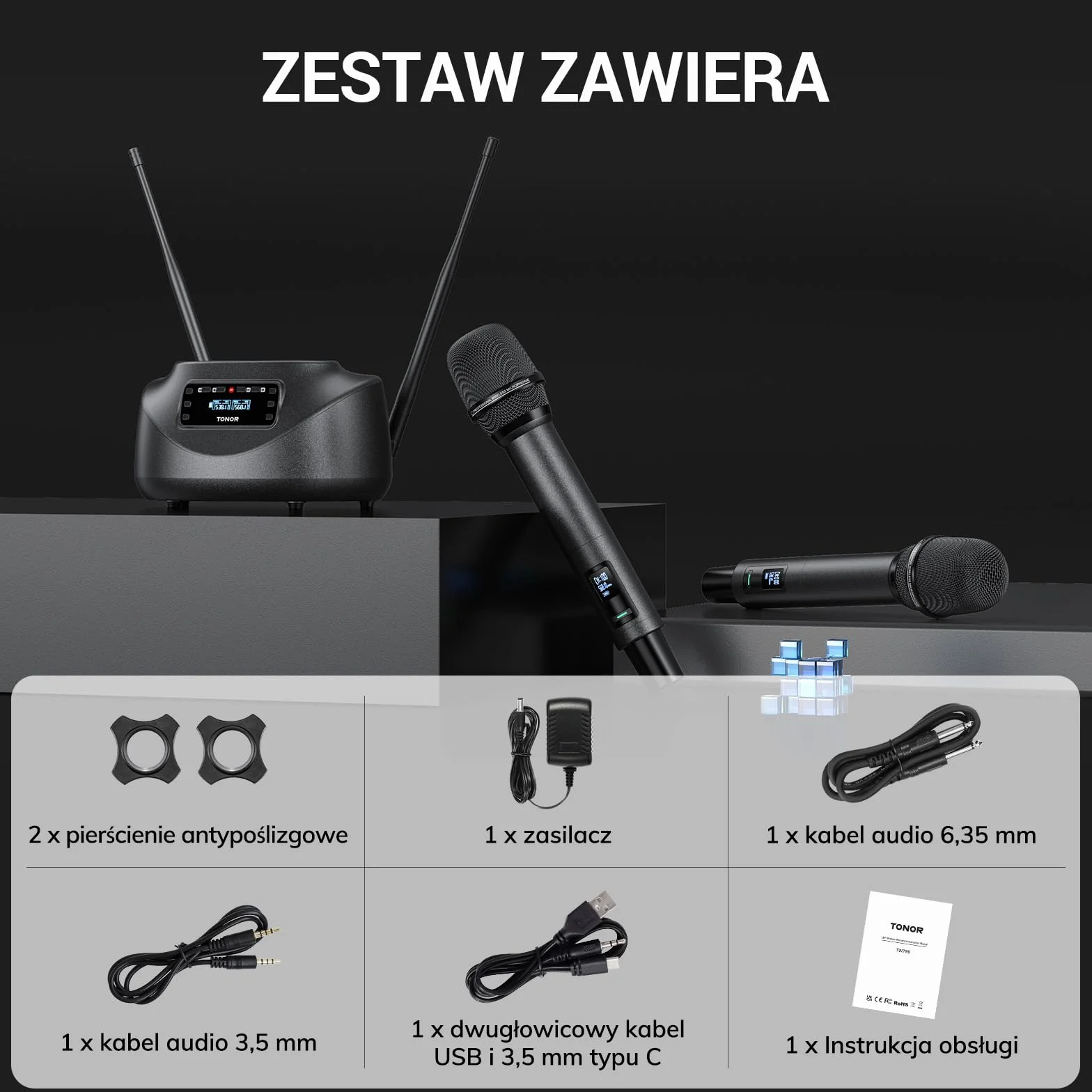 Rechargeable 2 Channel Wireless Microphone System with 2 Cordless Handheld Mics, Metal Receiver, Ideal for Church Karaoke Party Sports Class