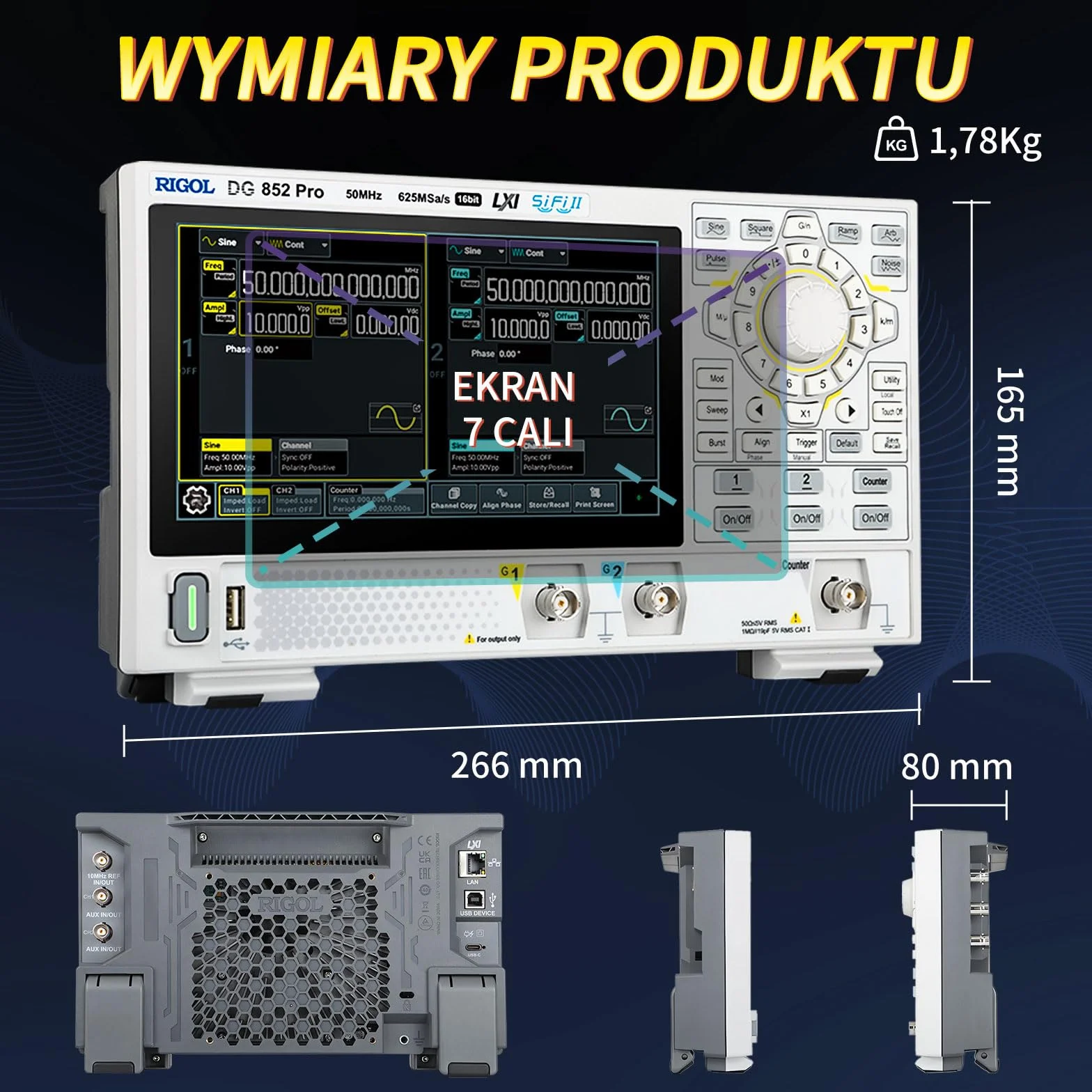 RIGOL DG852 Pro Generator Funkcji/Fal Arbitrarnych, Przenośny, 50 MHz, 625 Msa/s, 16 bitów, 2 Kanały Wyjściowe, Obsługuje Zasilanie z Power Banku