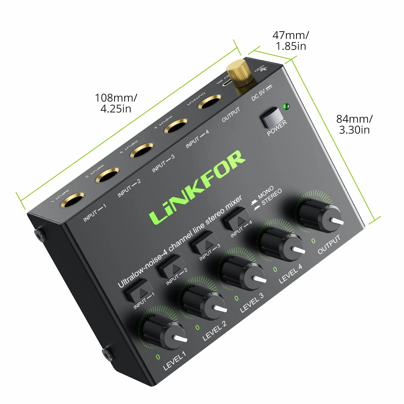 LiNKFOR 4 kanałowy ultrakompaktowy mikser audio stereo z niezależną regulacją głośności do mikserów, DC 5V Type-C mini-mikser audio z zasilaczem i kablem audio - ultra niski poziom hałasu.