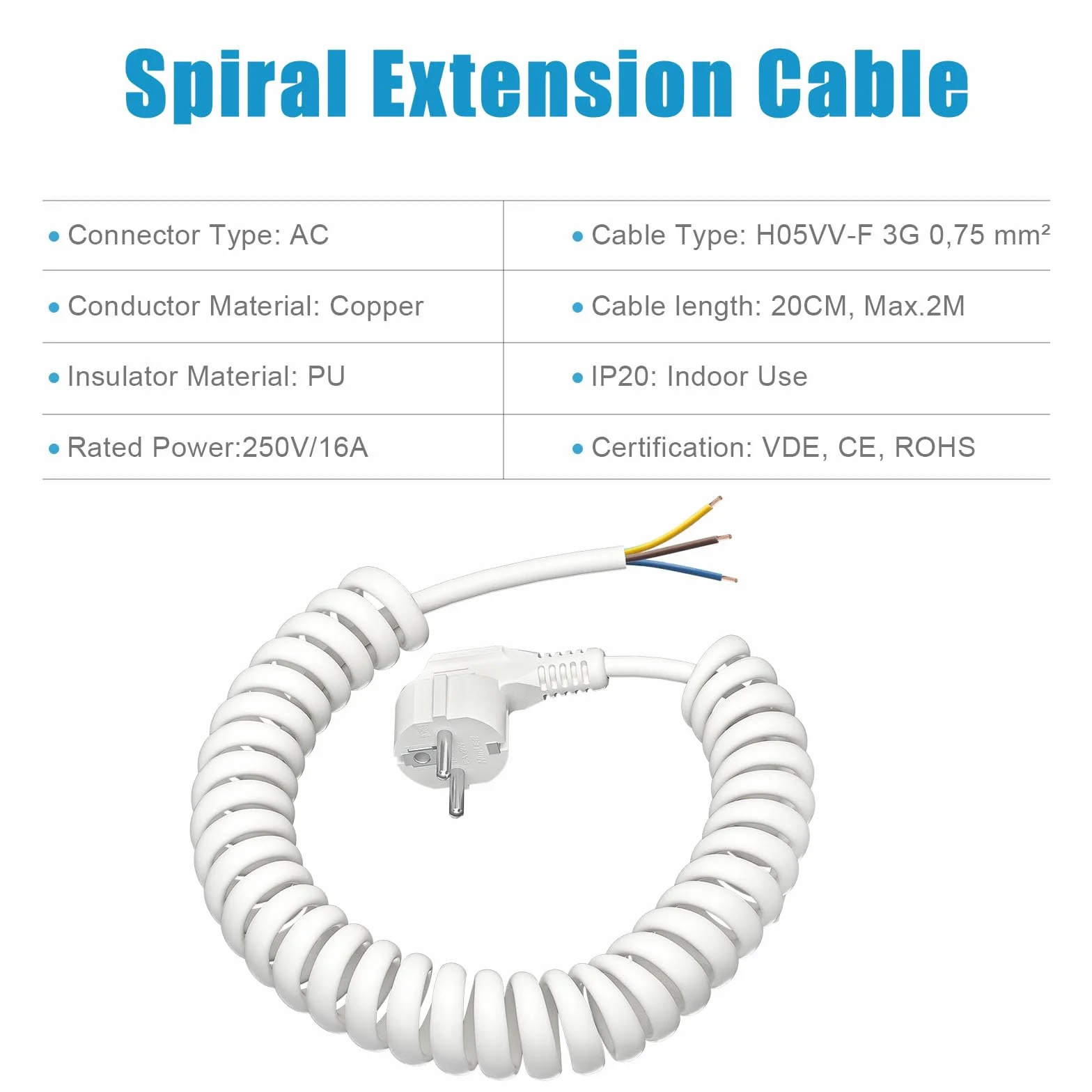 Kabel spiralny 2 m, 0,2 m na 2 m, rozciągliwy, z wtyczką z zestykiem ochronnym, przedłużacz, kabel zasilający Schuko, 230 V/16 A, IP20 do wnętrz, biały
