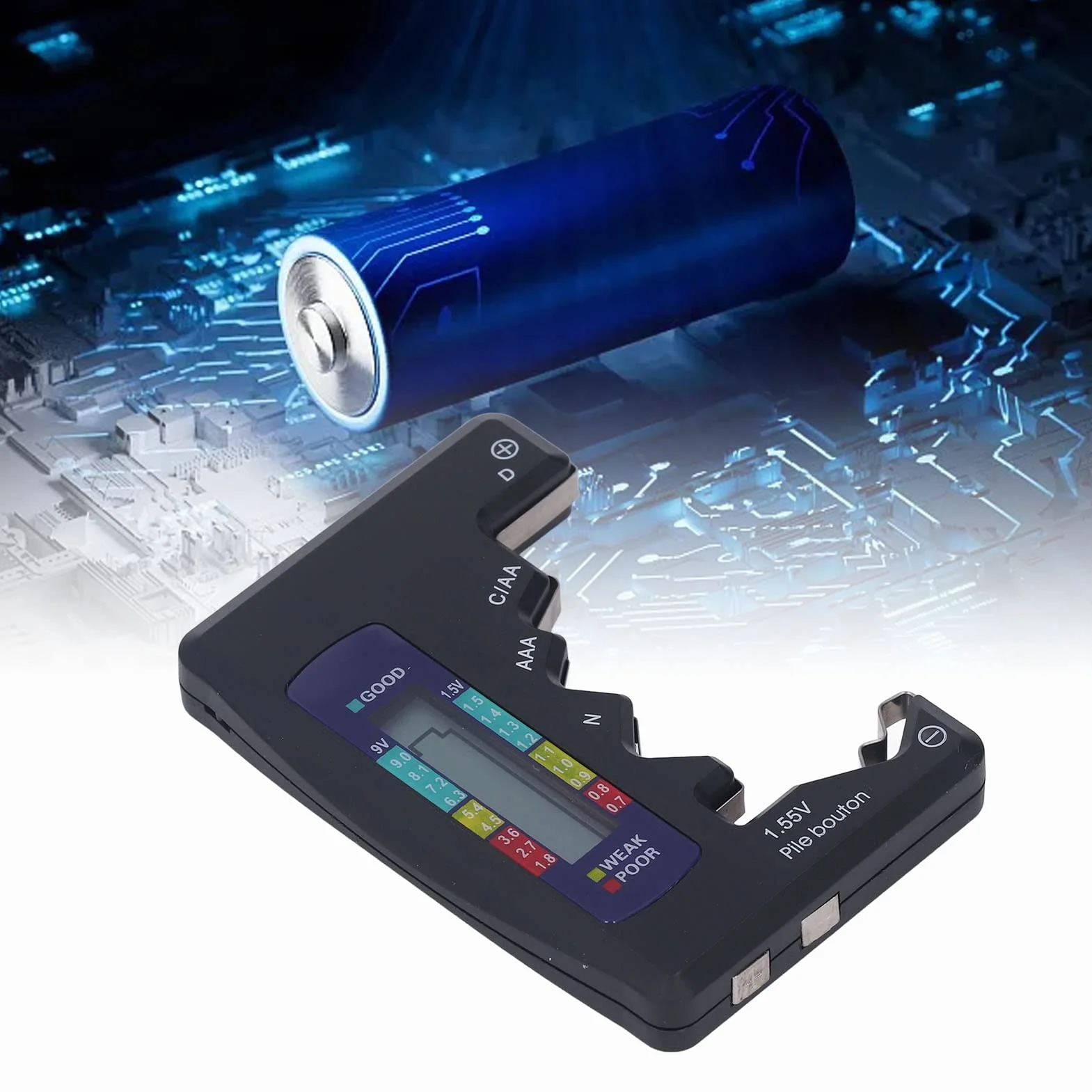 Cyfrowy Tester Baterii Cyfrowy LCD Uniwersalny Sprawdzacz Baterii Materiał ABS Światło Wskazujące na baterię 1,5 V 9 V AA AAA 9 V Baterie 6F22 1.55 V Baterie Guzikowe (Czarny)