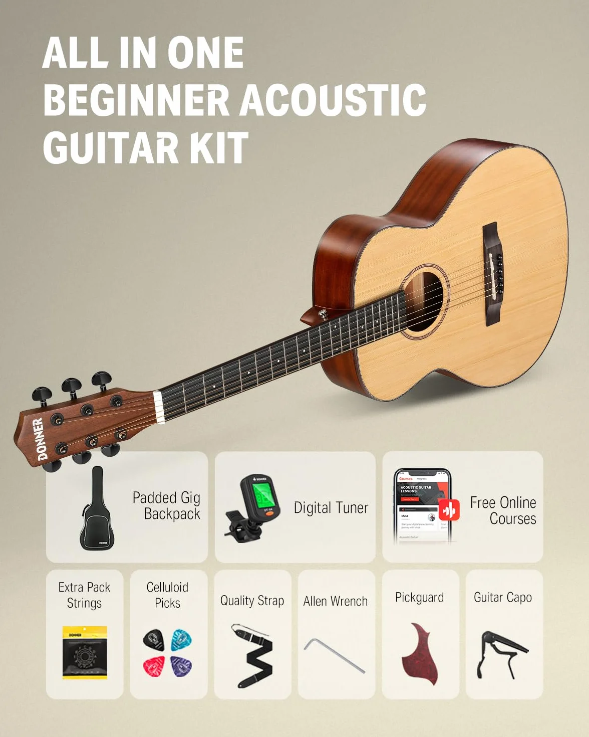 Donner Gitara akustyczna 3/4 dla początkujących, dla początkujących, zestaw gitar akustycznych, dla dorosłych, 36", Dreadnought z 6 kieszeniami, pasek Capo do kostki (naturalna)