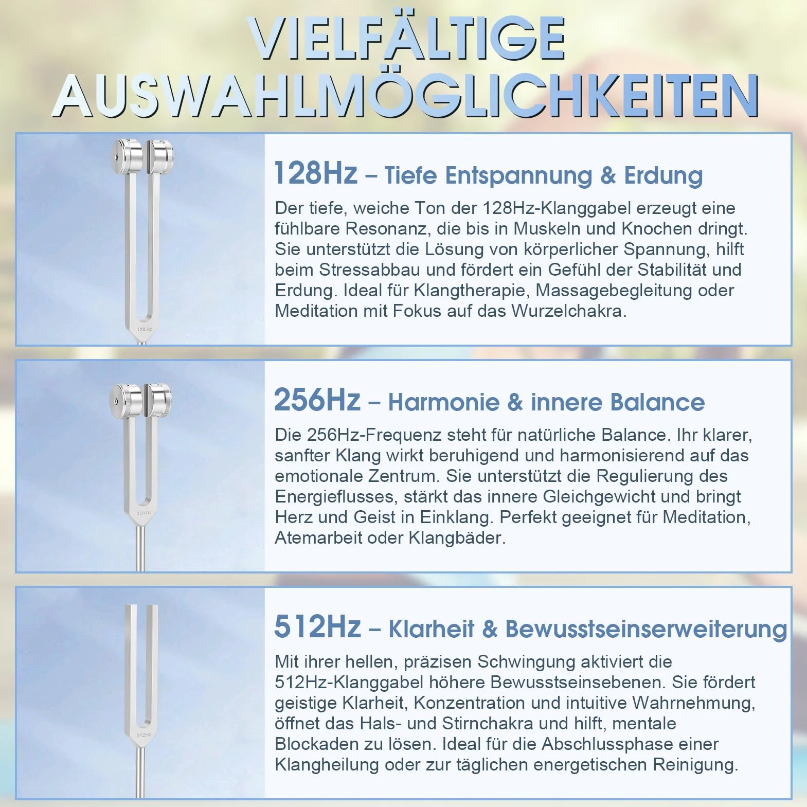 Zestaw precyzyjnych widełek do strojenia 128 Hz, 256 Hz, 512 Hz, profesjonalny stop aluminium, do terapii dźwiękowej, medytacji i leczenia czakr, silikonowe pałeczki, torba do przechowywania, joga