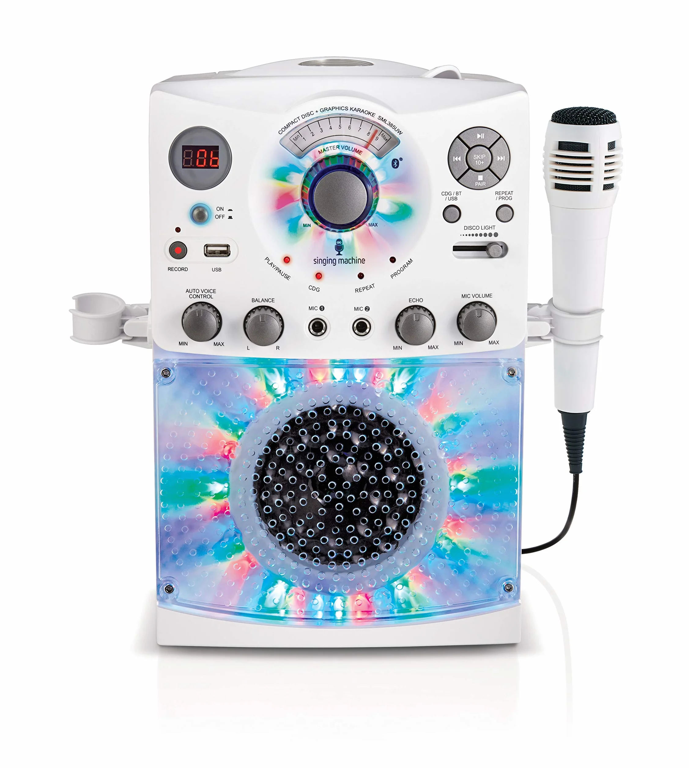 Singing Machine SML385U system karaoke ze złączem Bluetooth – biały dla Europy – efekty świetlne LED, mikrofon, USB, wyjścia RCA, regulator echa i równowagi oraz wejście AUX.