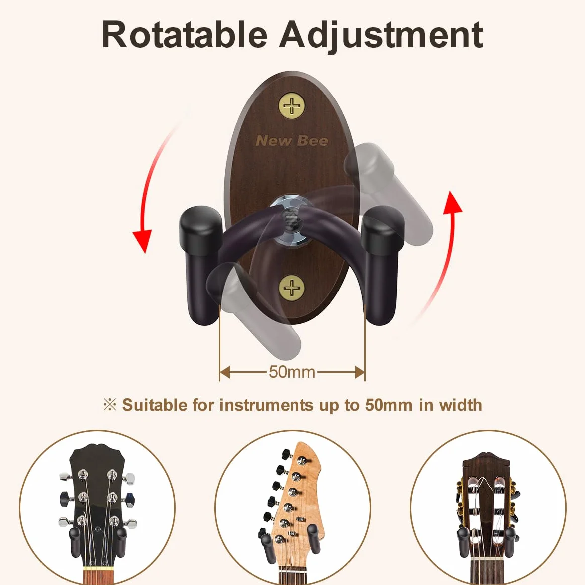 New Bee Uchwyt ścienny na gitarę, 2 sztuki, uniwersalny drewniany uchwyt na gitarę z haczykiem w kształcie litery V i regulowanym jarzmem, rustykalny drewniany z metalowymi akcentami, nośność do 15 kg
