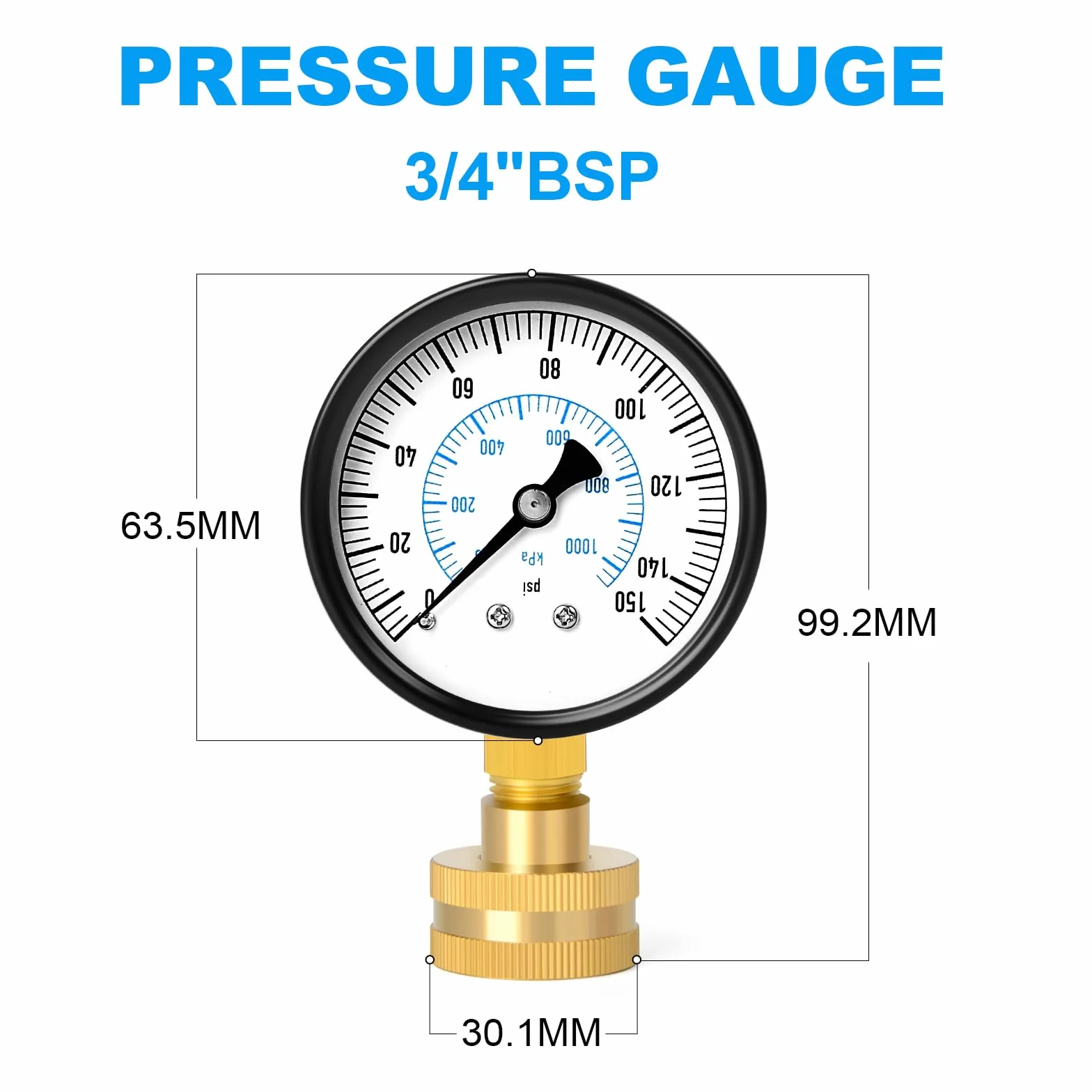 0-7 bar (0-100 Psi) 2-calowe stalowe podwójne manometry testowe z podziałką, połączenie BSP 3/4", dokładność -3-2-3%.