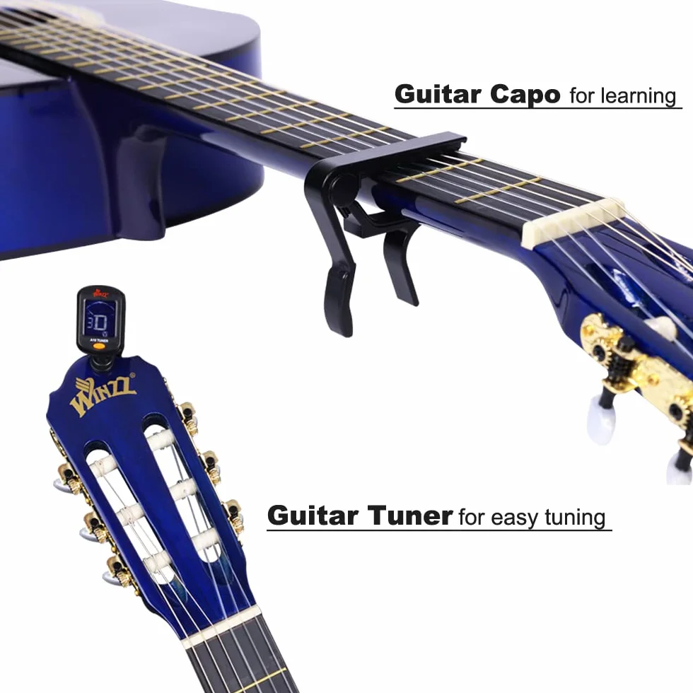 Winzz Z 80 cm gitara klasyczna 4/4 rozmiar dla dorosłych dzieci zestaw dla początkujących, blueburst