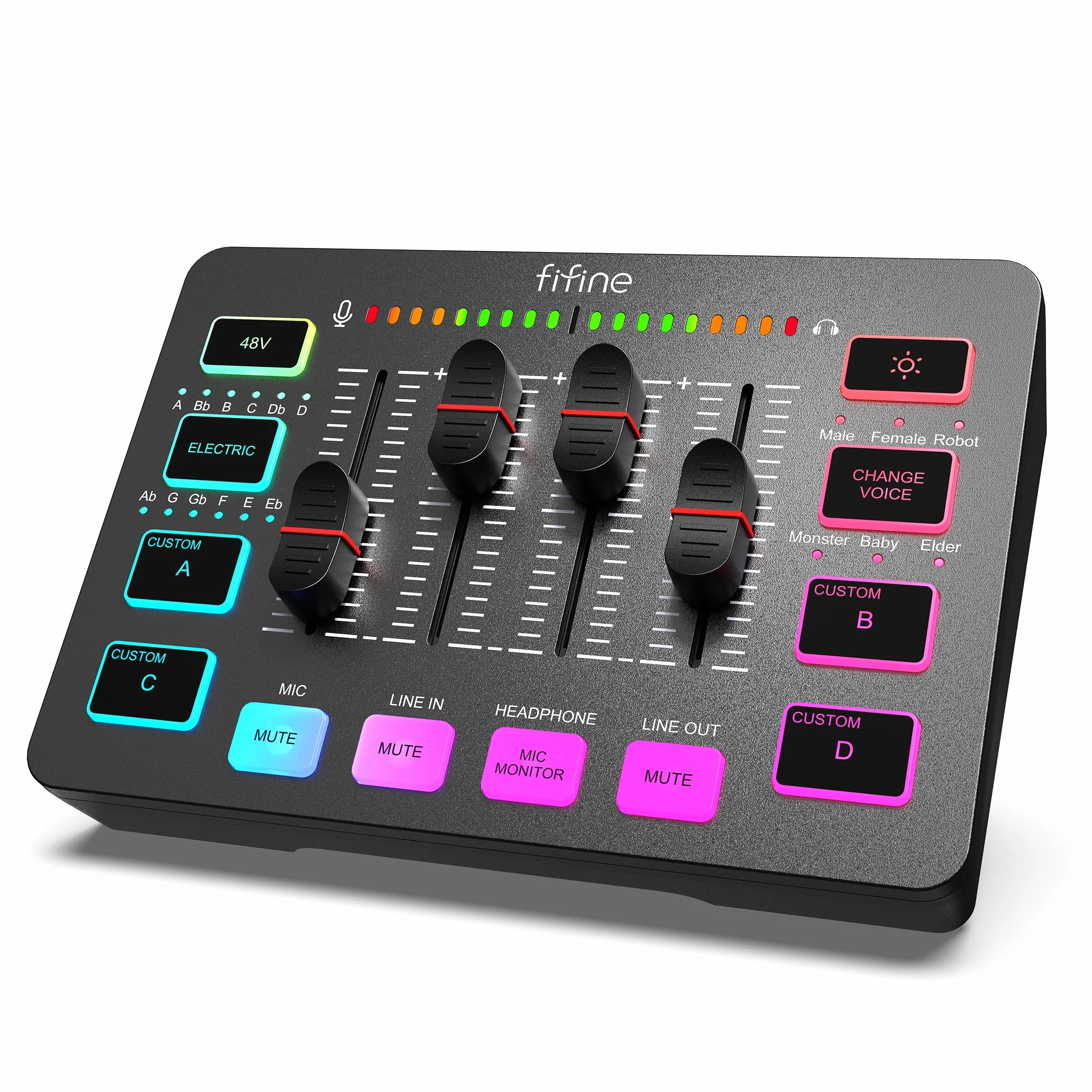 FIFINE Mikser audio do gier, streaming RGB PC mikser z interfejsem mikrofonu XLR, indywidualne sterowanie, regulator głośności, przycisk wyciszenia, zasilanie fantomowe 48 V, do podcastów, nagrywania,