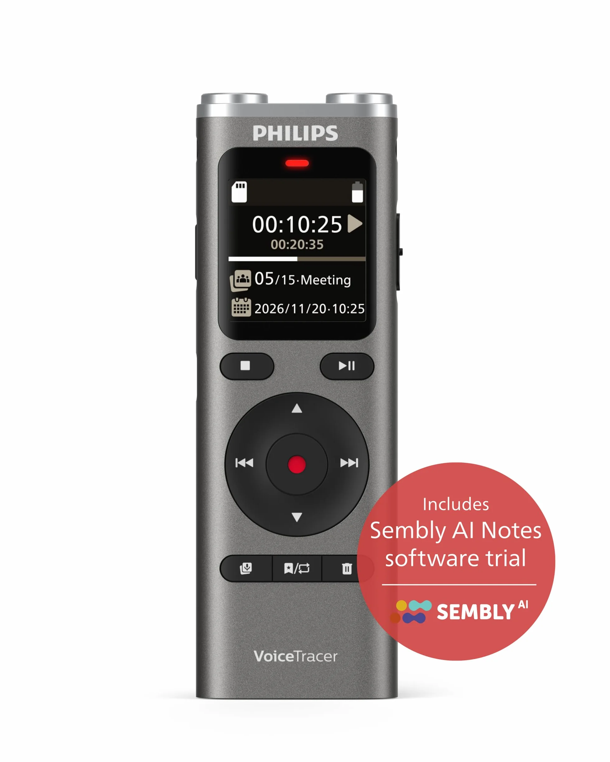 Philips VoiceTracer DVT2075 Rejestrator audio 8 GB MP3 Stereo, akumulator litowo-polimerowy Sembly AI, do rozpoznawania głosu z wieloma głośnikami, tworzenie streszczeń, minut spotkań i