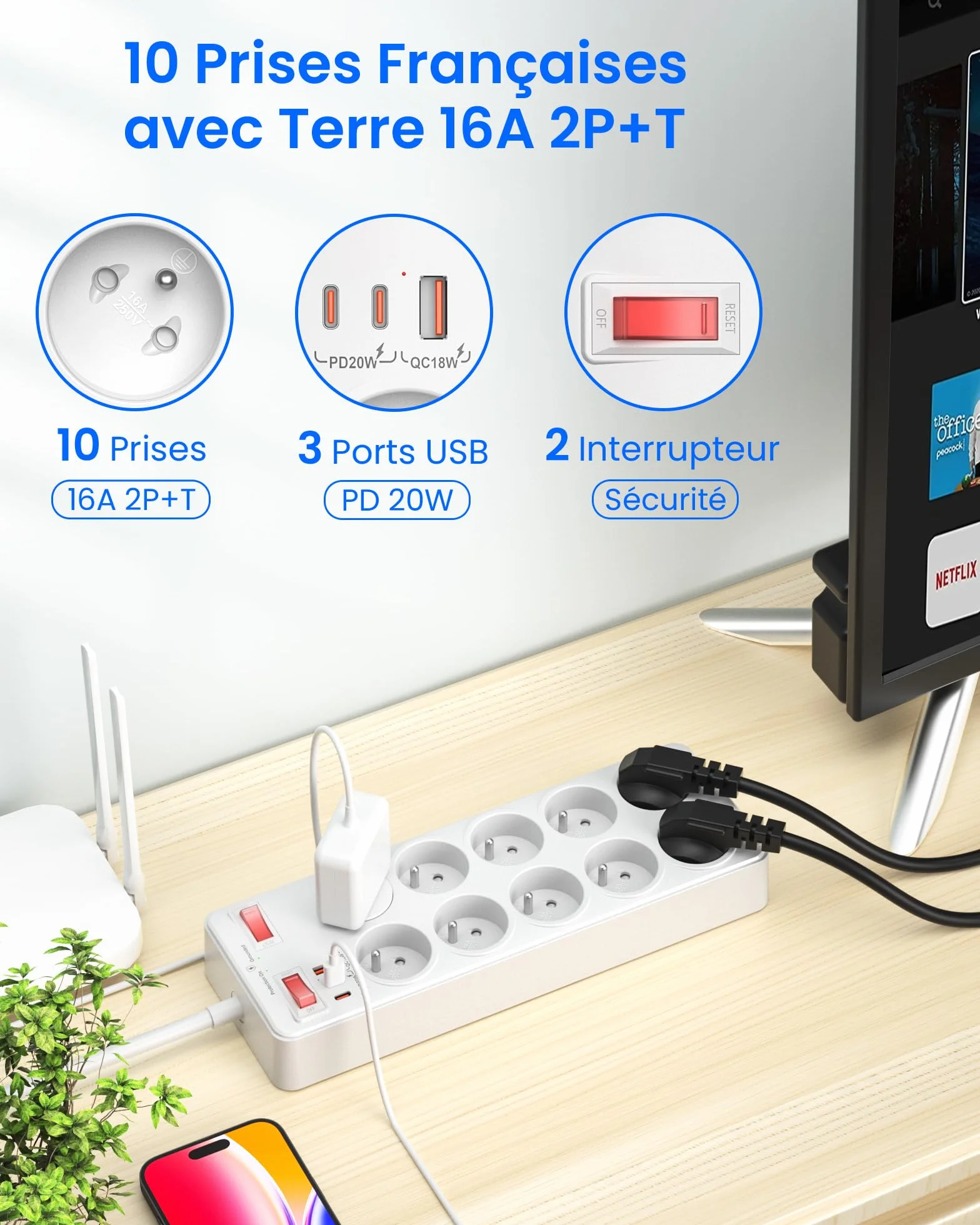 Listwa Zasilająca Przeciwprzepięciowa, Listwa Zasilająca z 10 Gniazda Elektryczne Polskie 16A 2P+T, Wielokrotne Gniazdo z Wyłącznikiem Przeciwprzeciążeniowym i ładowaniem USB C, 2 m Kabel, Białe