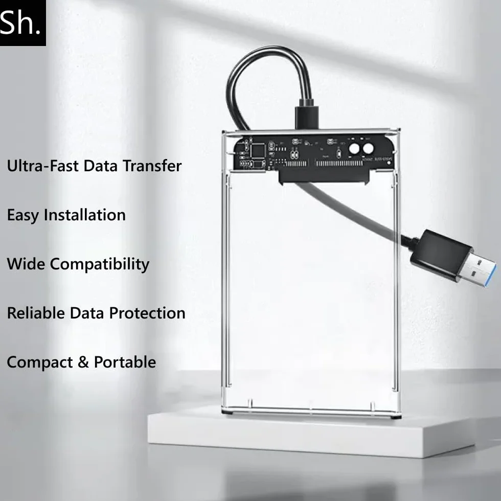 Sh. Obudowa Zewnętrzna Dysku 2.5” SATA USB 3.0 – Kieszeń na Dysk SSD/HDD, Obudowa do SSD SATA, Etui Adapter (HDD/SSD Case), UASP 5 Gb/s, Kompatybilna z Laptopem/PC/PS4/Xbox