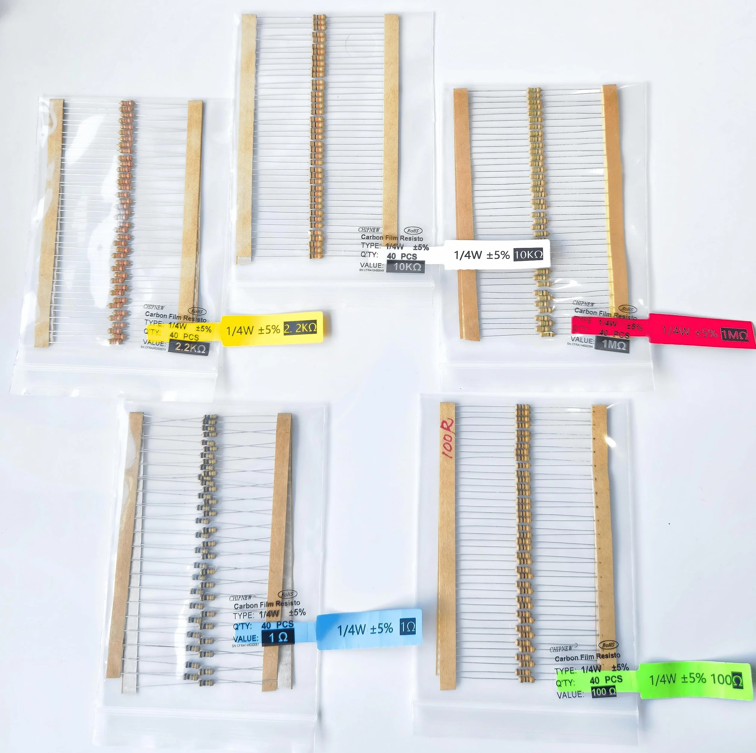 Zestaw rezystorów 1000 szt. – 25 wartości do projektów DIY i entuzjastów elektroniki – 1 omy do 1 m omów, 1/4 W ± 5% zestaw oporników węglowych, pierwsza 5-kolorowa szybka etykieta