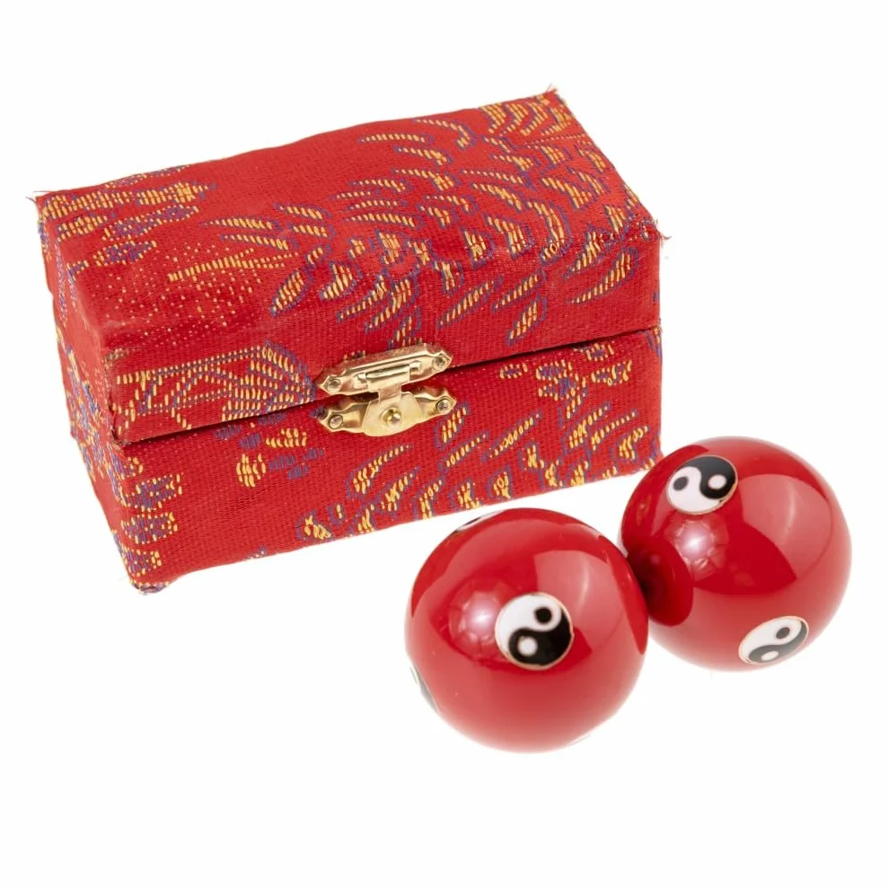 lachineuse - Zestaw kulek Qi Gong Yin Yang - Chińska emaliowana kula antystresowa - 40 mm - Kulki zdrowia - Zen Relaks Pudełko upominkowe - Przedmiot azjatycki Japonia Chiny Feng Shui - Kolor czerwony