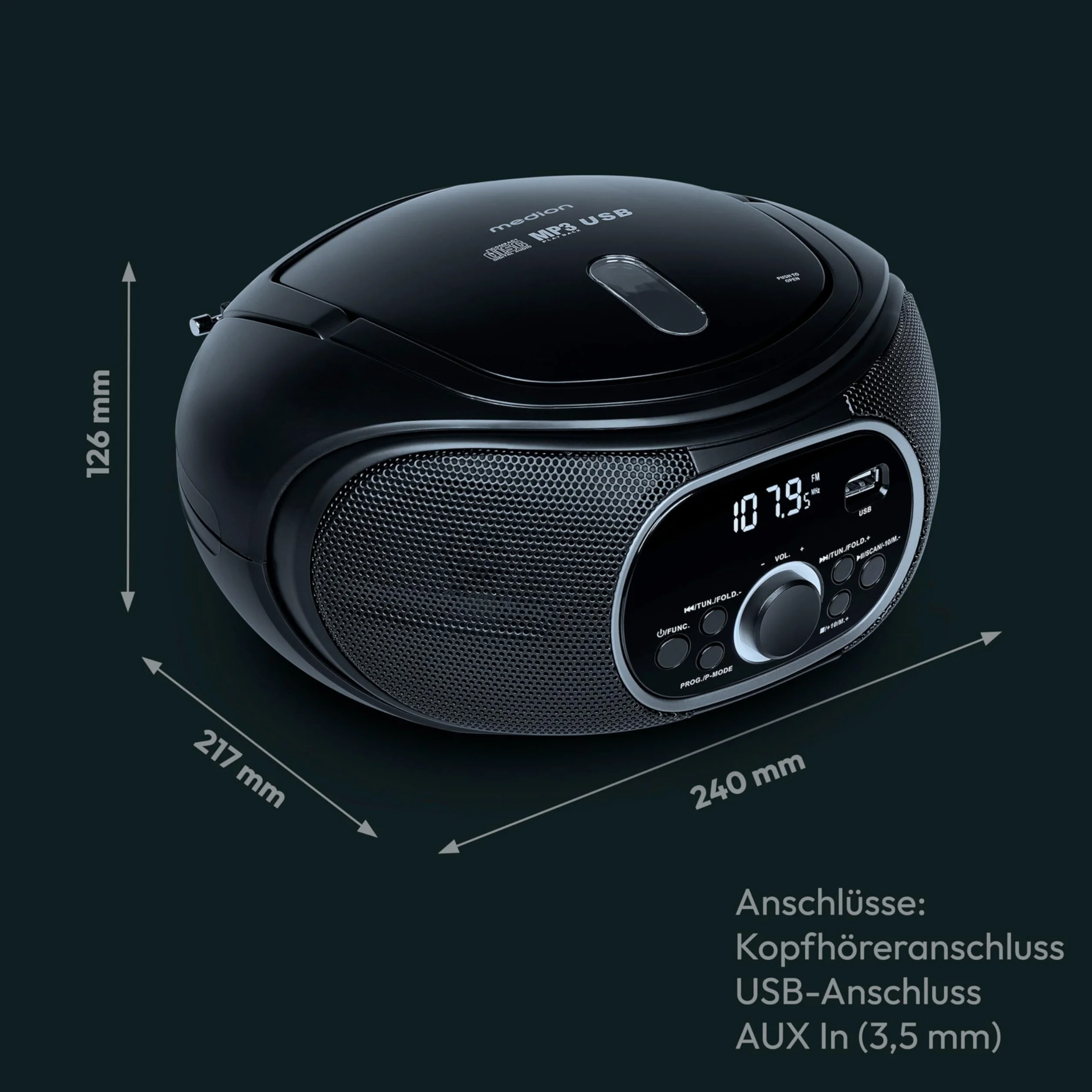 MEDION Przenośny Boombox E65711, odtwarzacz CD/MP3, FM FM, AUX, zasilanie bateryjne, czarny