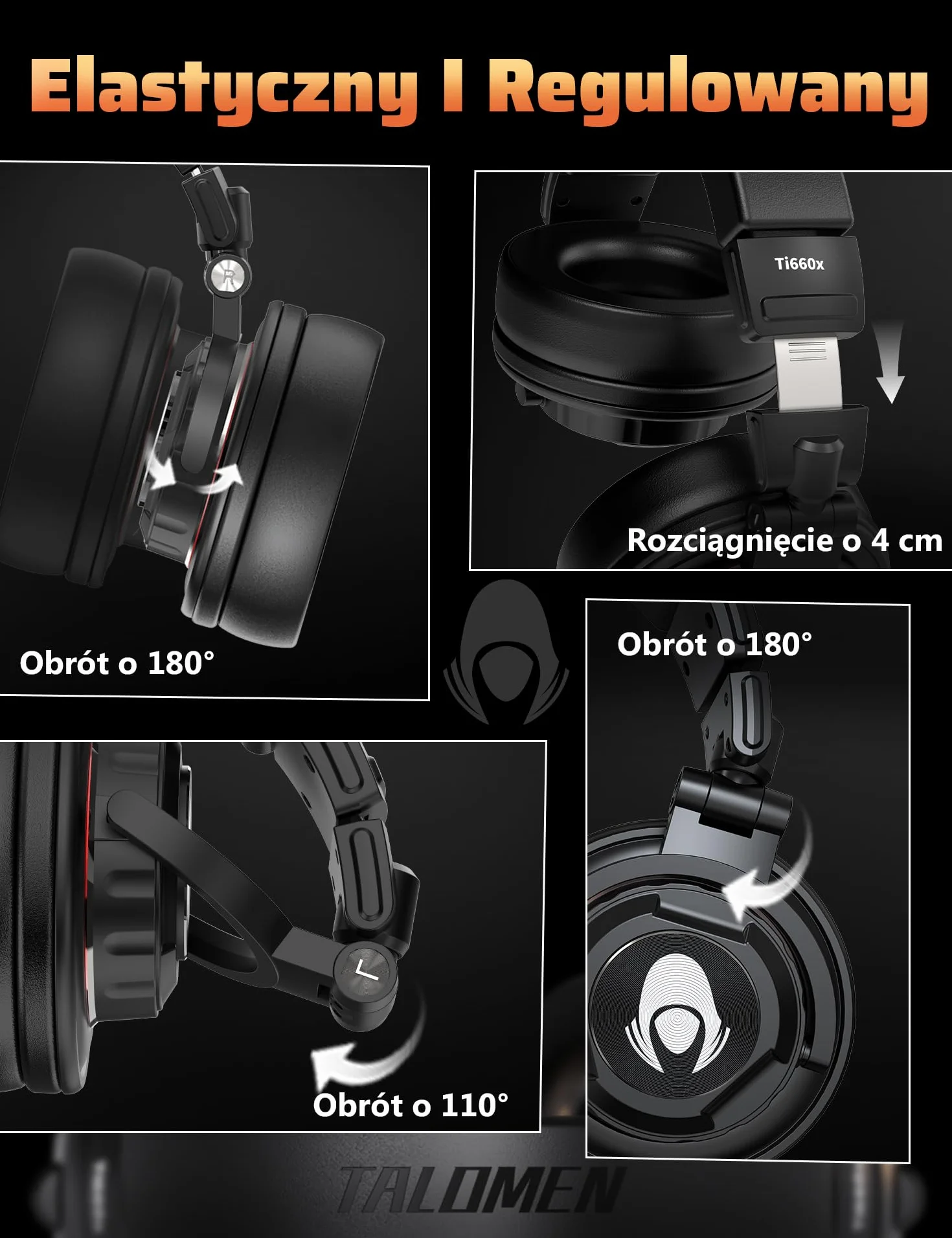 talomen TI660X słuchawki nauszne, przewodowe słuchawki stereo z głośnikiem 50 mm, słuchawki HiFi z wtyczką 3,5 mm, adapter 6,35 mm, wymienne nauszniki do studia, DJ/telefonu komórkowego, komputera