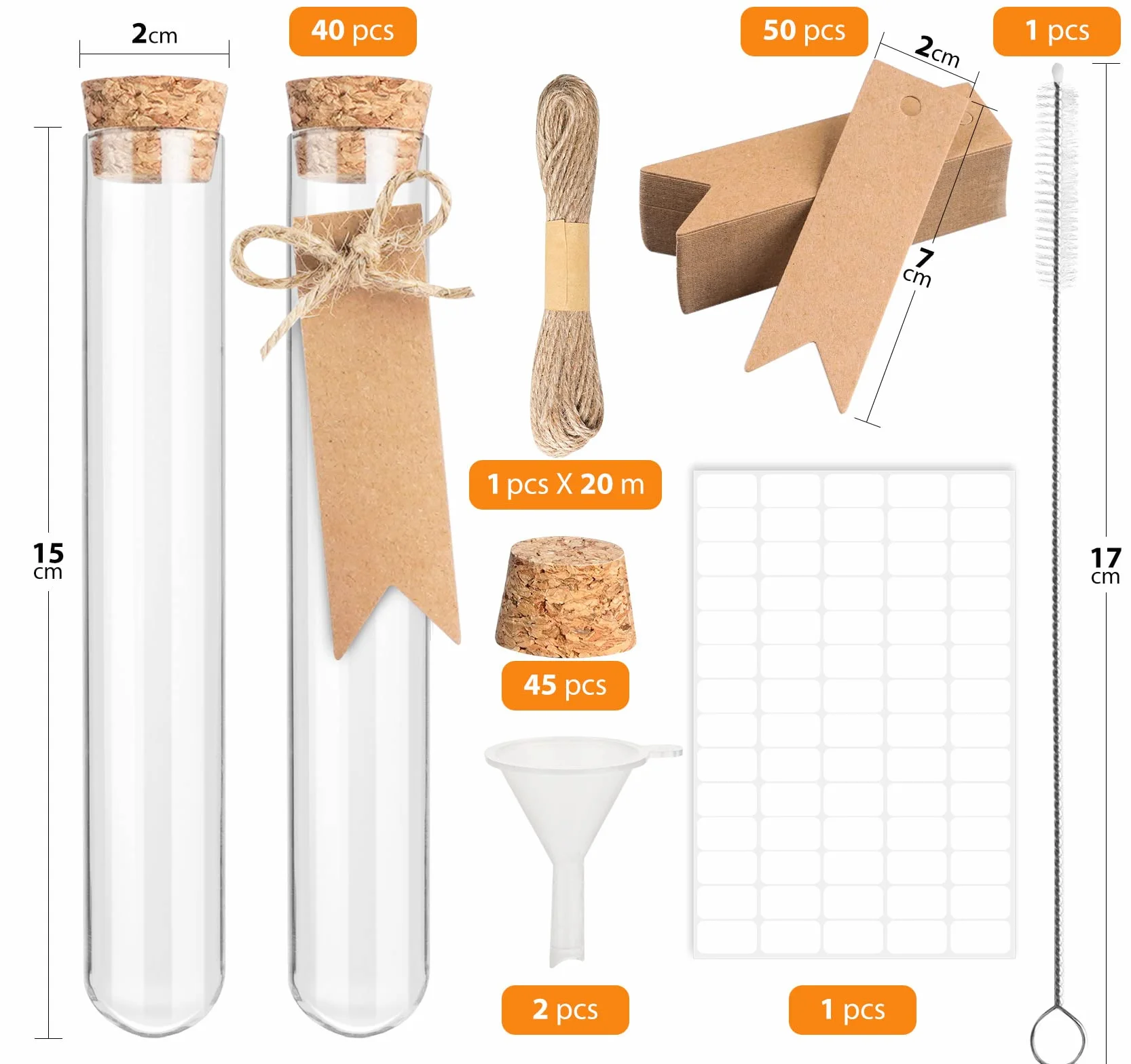 40 sztuk probówek z tworzywa sztucznego, 20 x 150 mm, probówki z korkiem, 50 sztuk zawieszek z papieru typu kraft do kwiatów, prezentów dla gości, na wesele, słodycze, sól do kąpieli