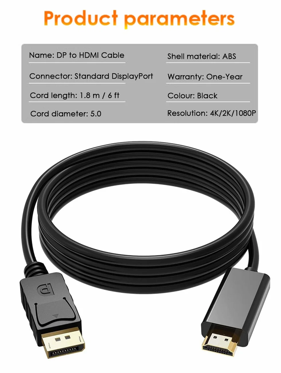 Kabel DisplayPort do HDMI 1,8 m, Adapter Kabel DP do HDMI 4K, Kabel jednokierunkowy DP 1.2 - HDMI1.4 Kompatybilny z monitorem, telewizorem, projektorem, laptopem Dell, HP i więcej