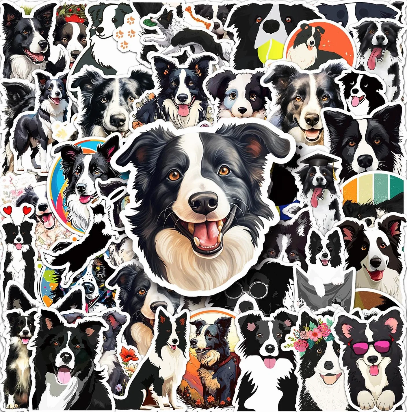 Border Collie Wodoodporne winylowe naklejki dla psów, zestaw 50 szt., urocze naklejki dla szczeniaka na laptopa, butelkę z wodą, etui na telefon, bagaż, album do scrapbookingu, prezenty dla miłośników