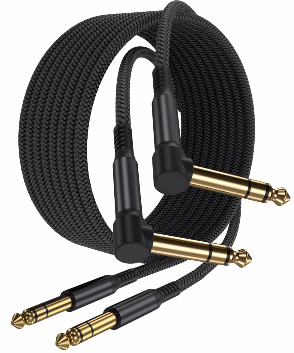 Elebase Kabel gitarowy 6,35 mm TRS 3M 2 sztuki 90 stopni 1/4" wtyczka stereo kabel instrumentalny symetryczny kabel audio