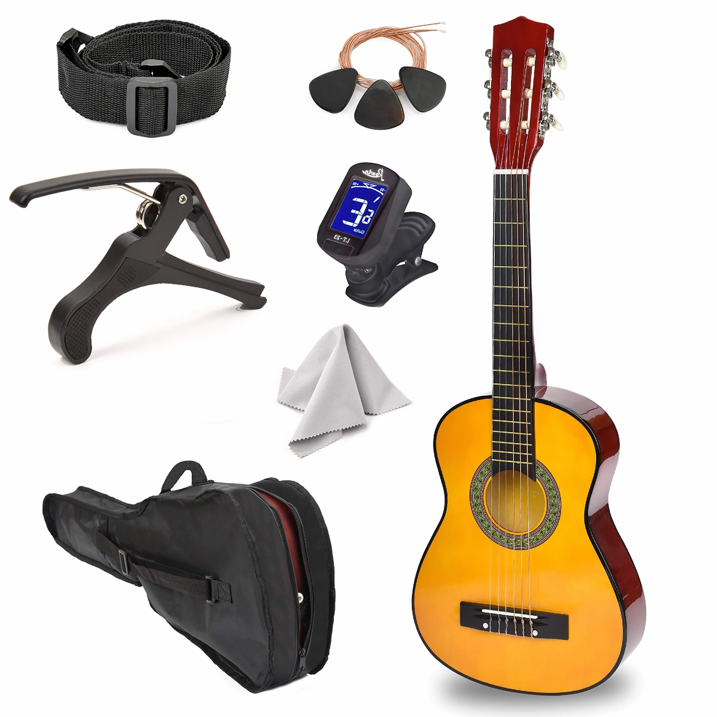 Drewniana gitara dla leworęcznych, 30 cali, z futerałem i akcesoriami, dla dzieci, dziewcząt, chłopców, nastolatków, początkujących (drewno)