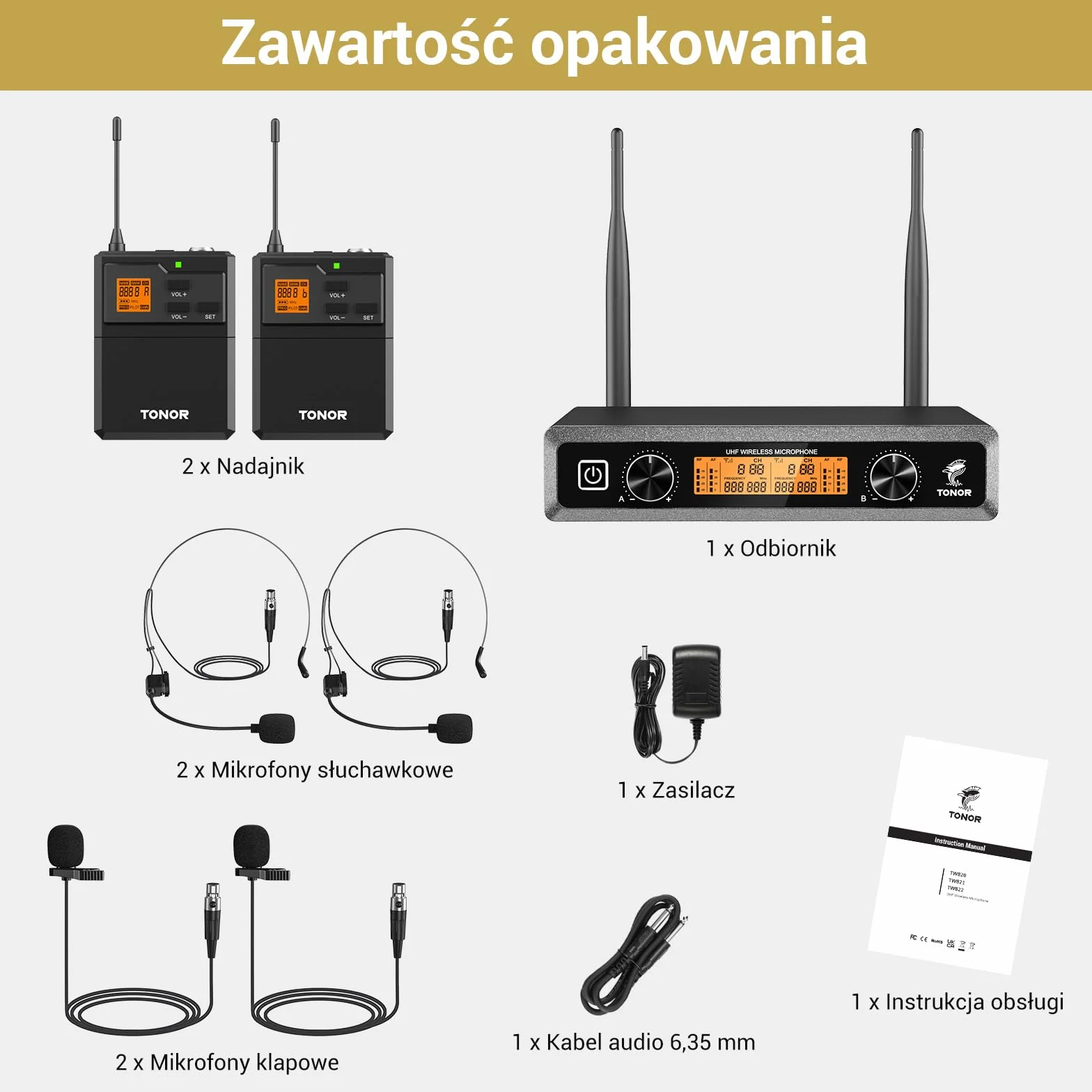TONOR UHF Bezprzewodowy System Mikrofonów z Mikrofonem Słuchawkowym i Lavalier, Nadajnik Bodypack, Odbiornik, 2 Kanały, 60M Zasięg do Śpiewu na Żywo Karaoke