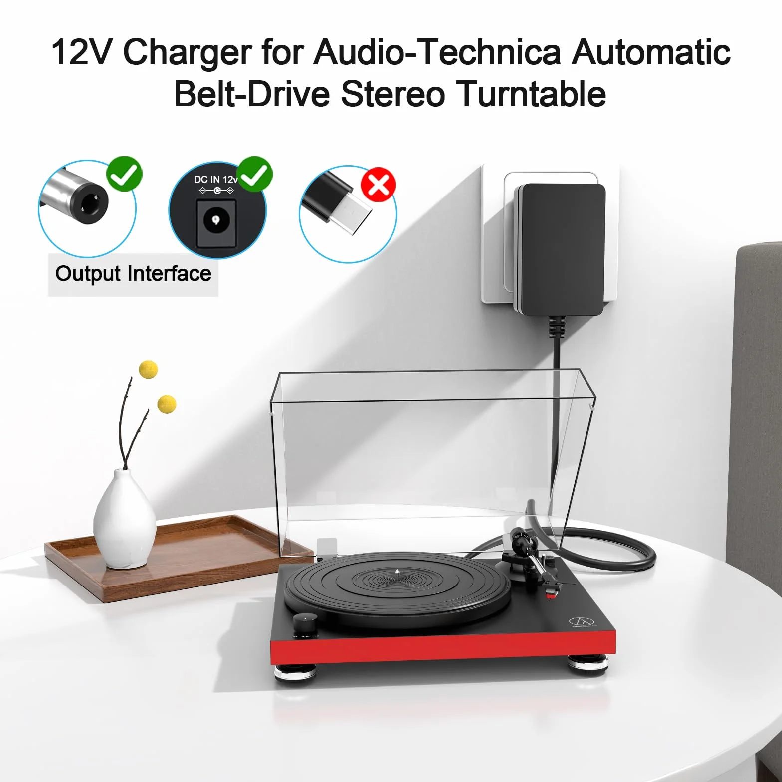Kabel zasilający 12 V do gramofonu Audio Technica AT-LP60X AT-LP60X-BK AT-LP60X-BW AT-LP60XBT-RD AT-LP120XUSB-BK napęd bezpośredni gramofon