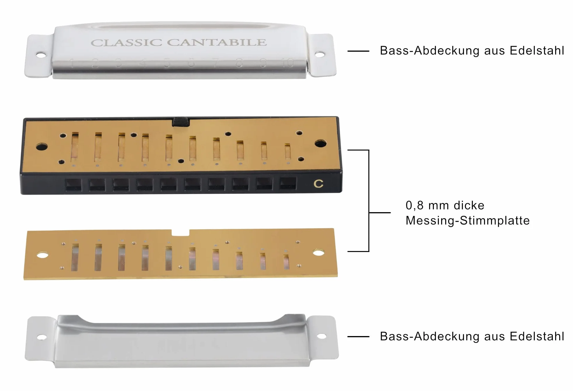 Classic Cantabile AHB-150 ECO Alabama Blues Harmonica C-Dur - harmonijka diatoniczna z 10 mosiężnymi strojami - idealna dla początkujących - chromowana obudowa ze stali nierdzewnej - w zestawie etui i