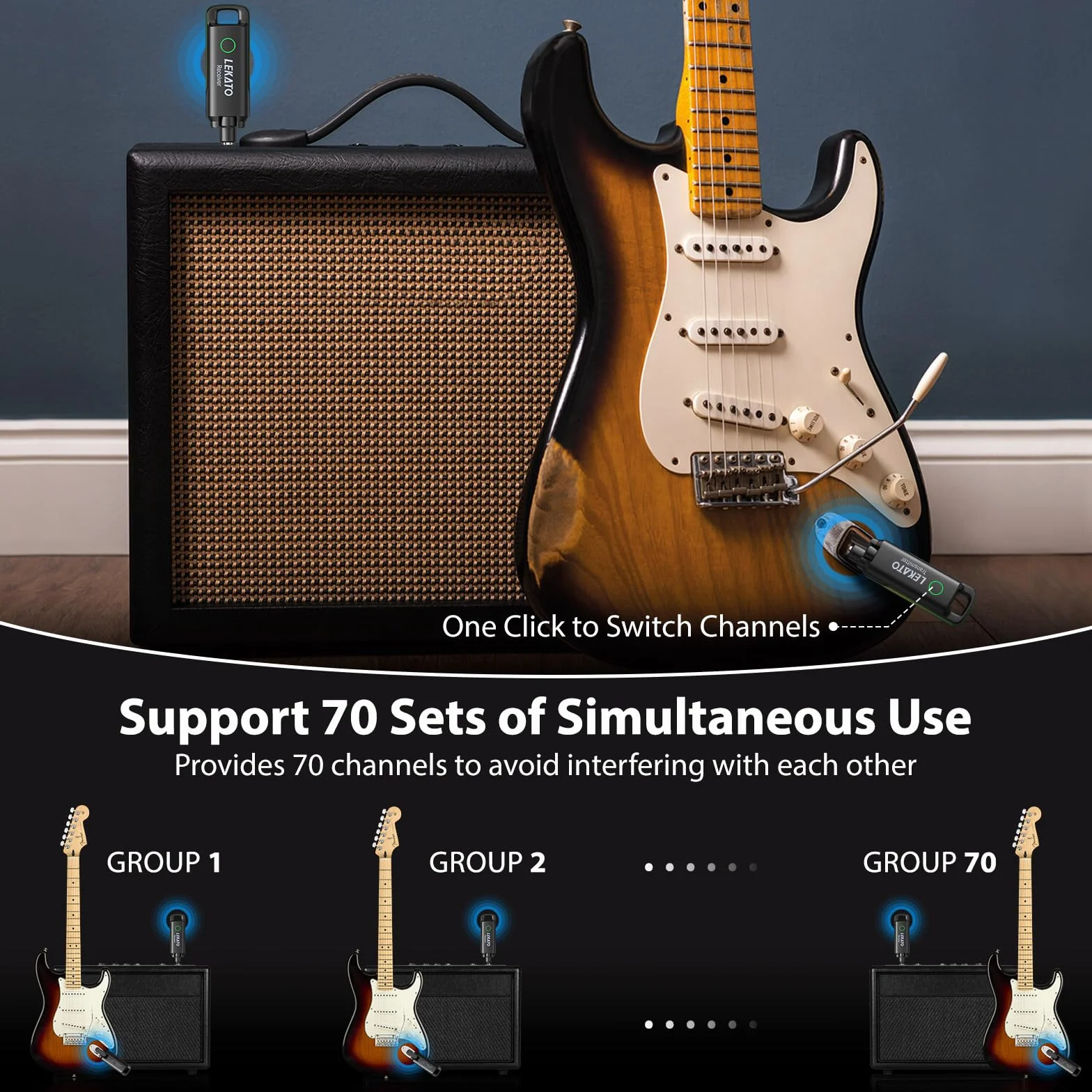 LEKATO Bezprzewodowy system gitarowy 70 kanałów <3 ms Odbiornik nadajnik do gitar basowych żółty