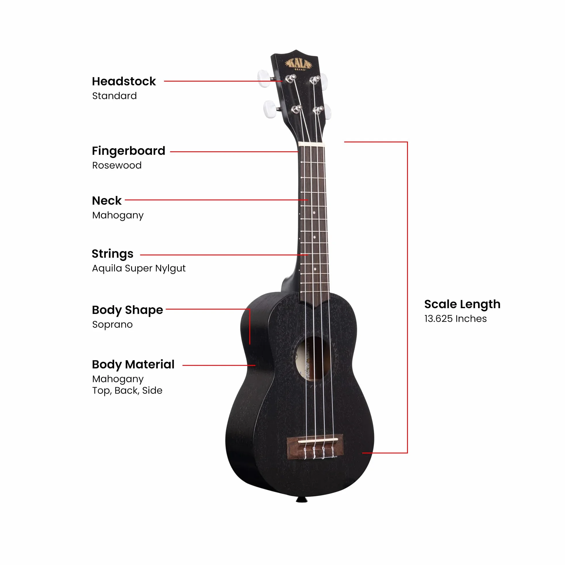Kala Satynowe mahoniowe ukulele sopranowe, czarne (KA-15S-BLK)