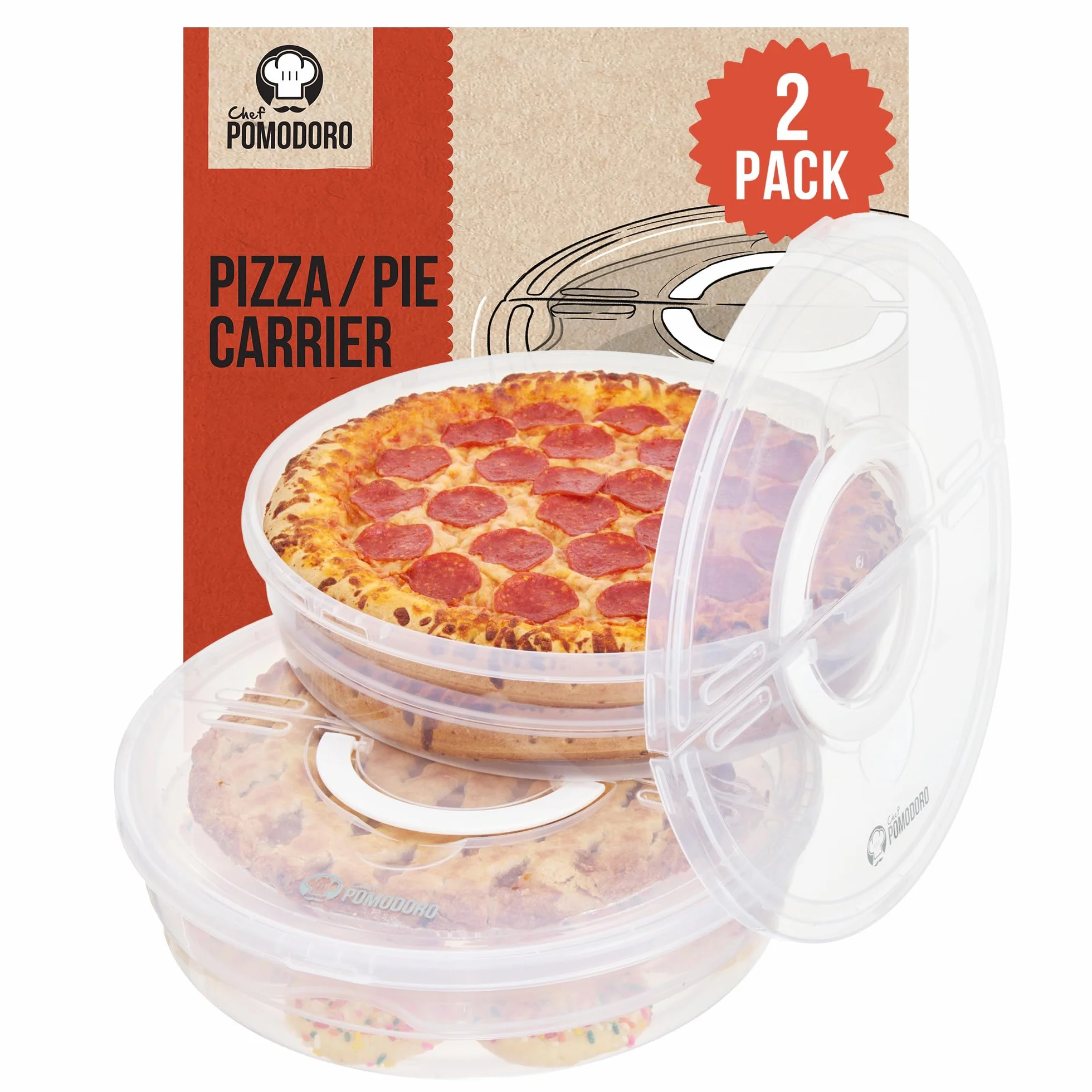 Chef Pomodoro Pojemnik na ciasto 30,5 cm z pokrywką i ścianką działową, 2 sztuki, pojemnik do przechowywania pizzy wielokrotnego użytku, rozszerzalny nośnik ciasta z uchwytem, pojemnik do pakowania