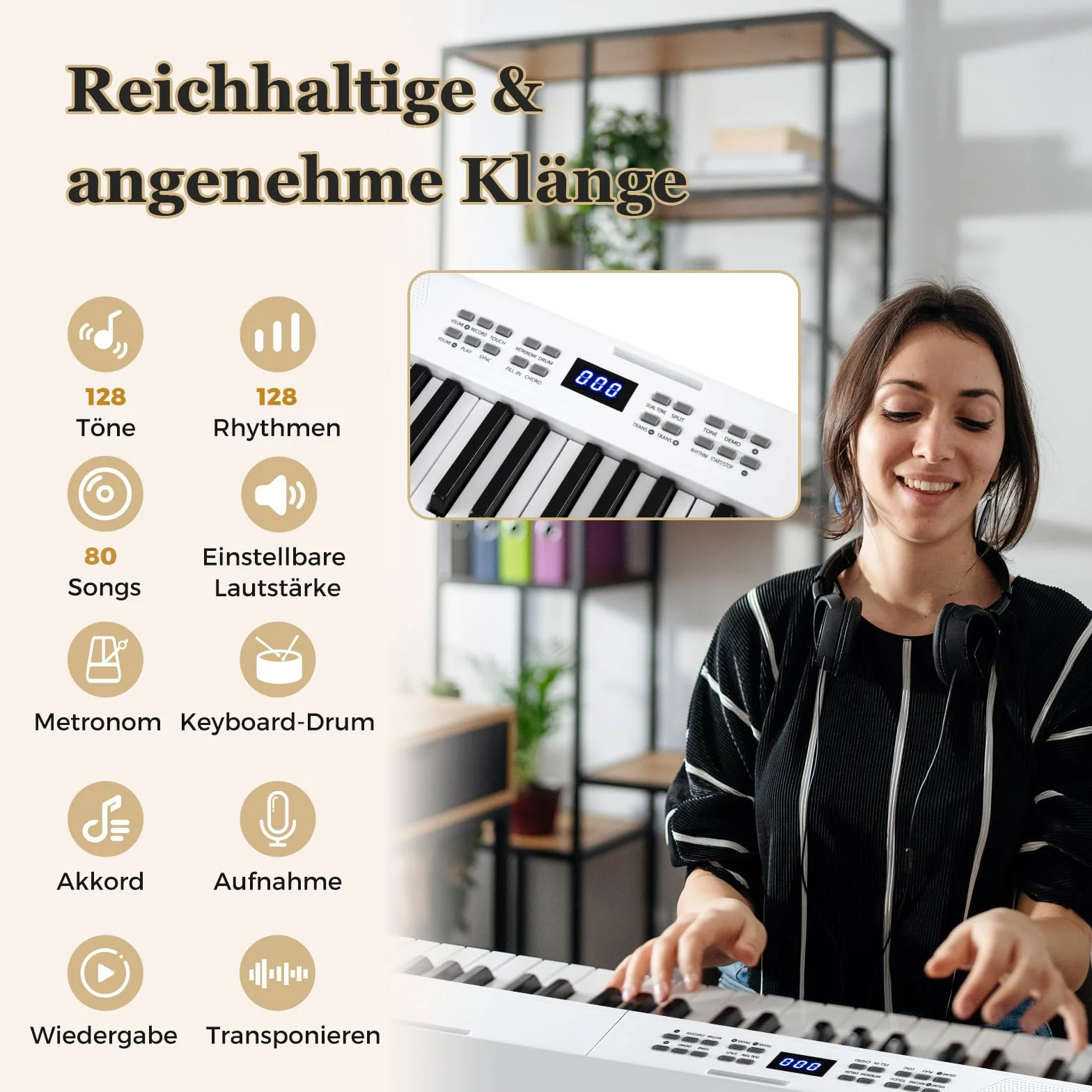COSTWAY Klawiatura Piano 61 przycisków, składane pianino cyfrowe z funkcją MIDI i dzielenia, 128 dźwięków i rytmów, przenośne pianino ze słuchawkami i pedałem Sustain, pianino elektryczne dla