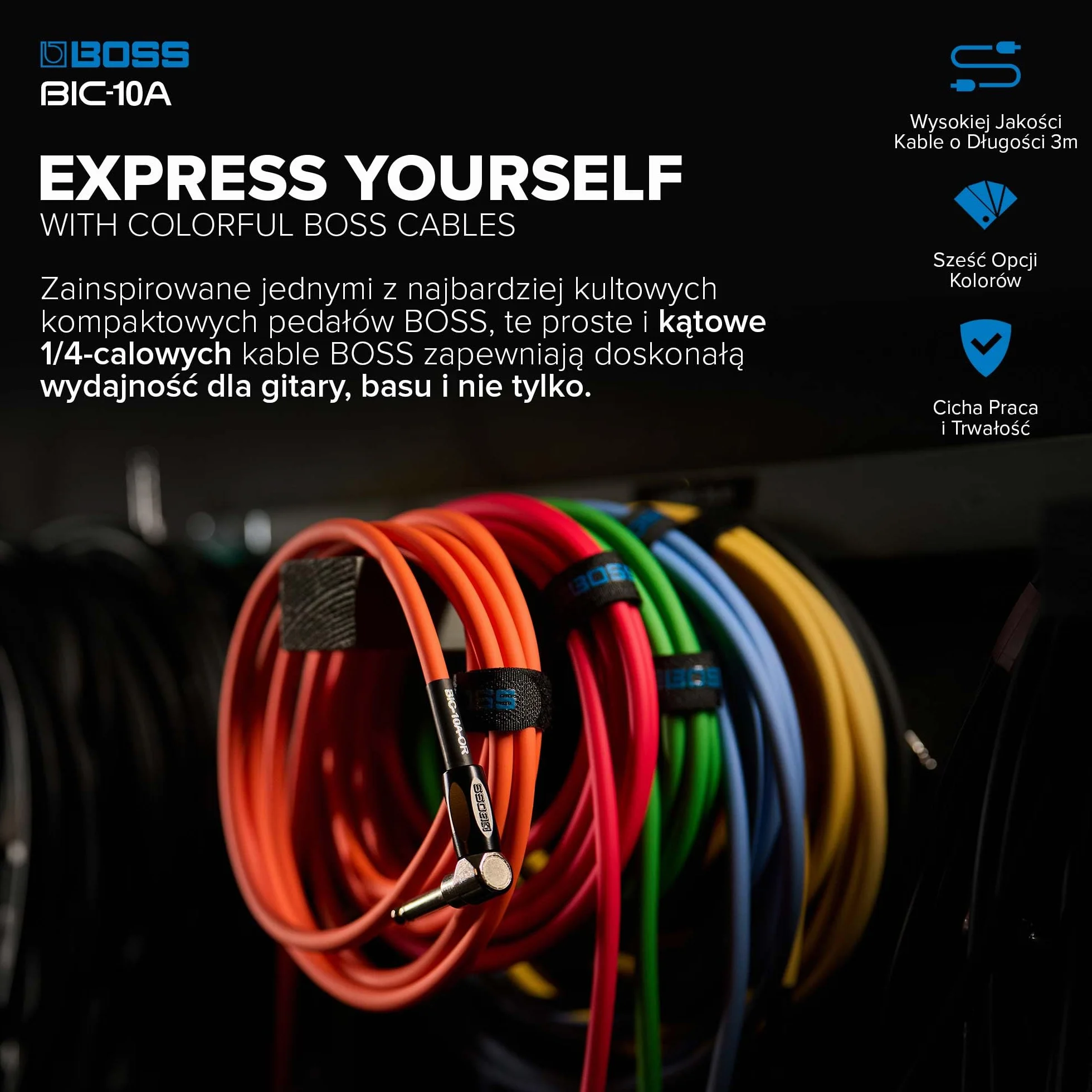 Seria BOSS BIC-10A | Kabel Instrumentalny | Złącza Proste i Kątowe ¼ Cala | Długość 3 m | Wysokiej Jakości Kable do Gitary, Basu i Innych Instrumentów | Cicha Praca i Trwałość | Czarny
