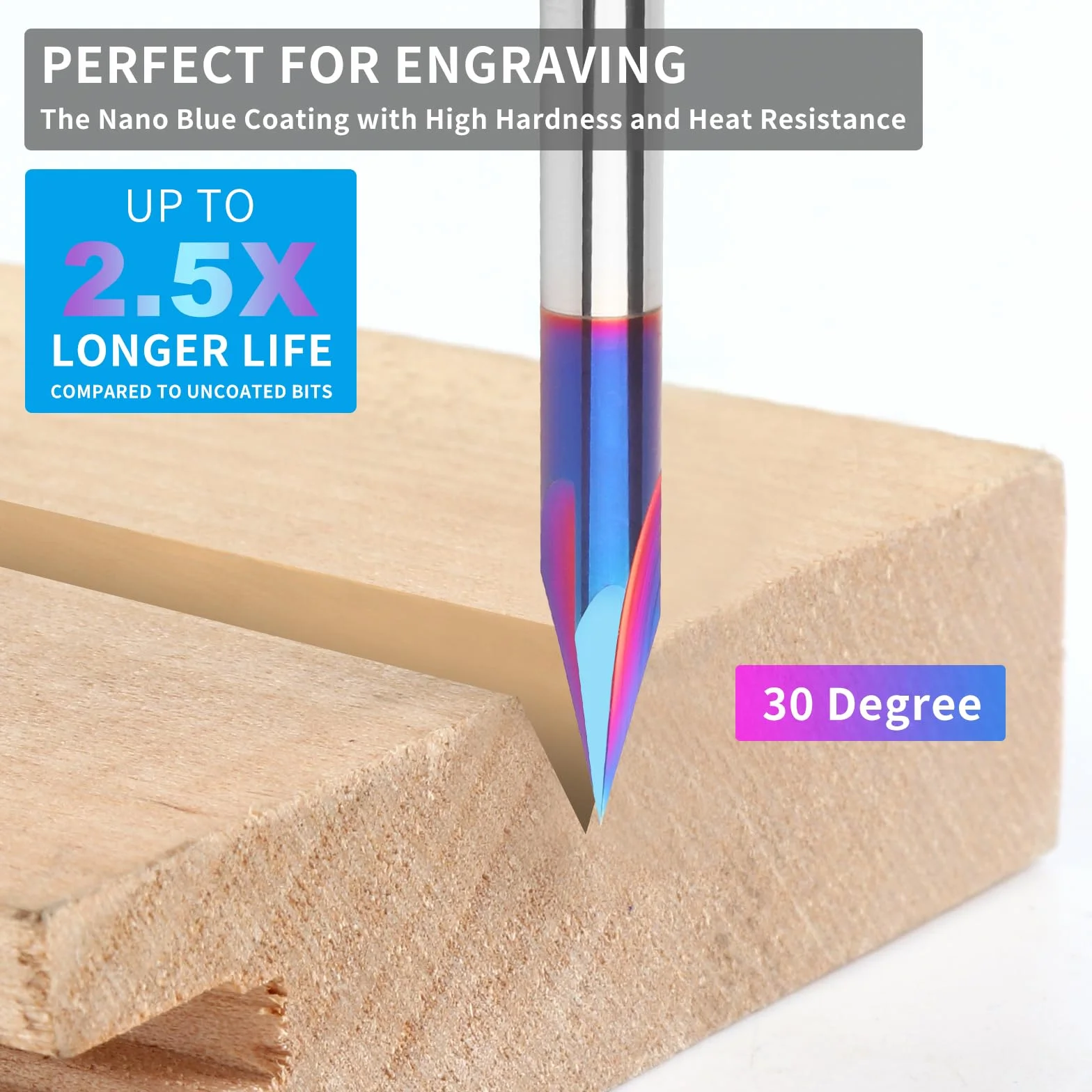 EANOSIC 30 stopni V-bit, trzon 6,35 mm, frez do włókna CNC, 3-ostrzowy, V-rowek z niebieską powłoką nano, do drewna, grawerowania CNC, rzeźbienia (bardzo długie)