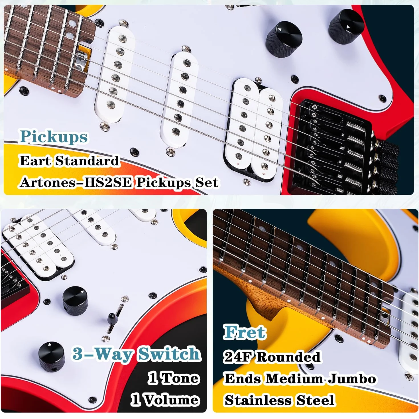 EART GW2P-SE Gitara elektryczna bez główki z korpusem z palonym mahoniem i gryfem z klonu kanadyjskiego, zaokrąglonymi końcówkami, średnie jumbo ze stali nierdzewnej (Red Burst)