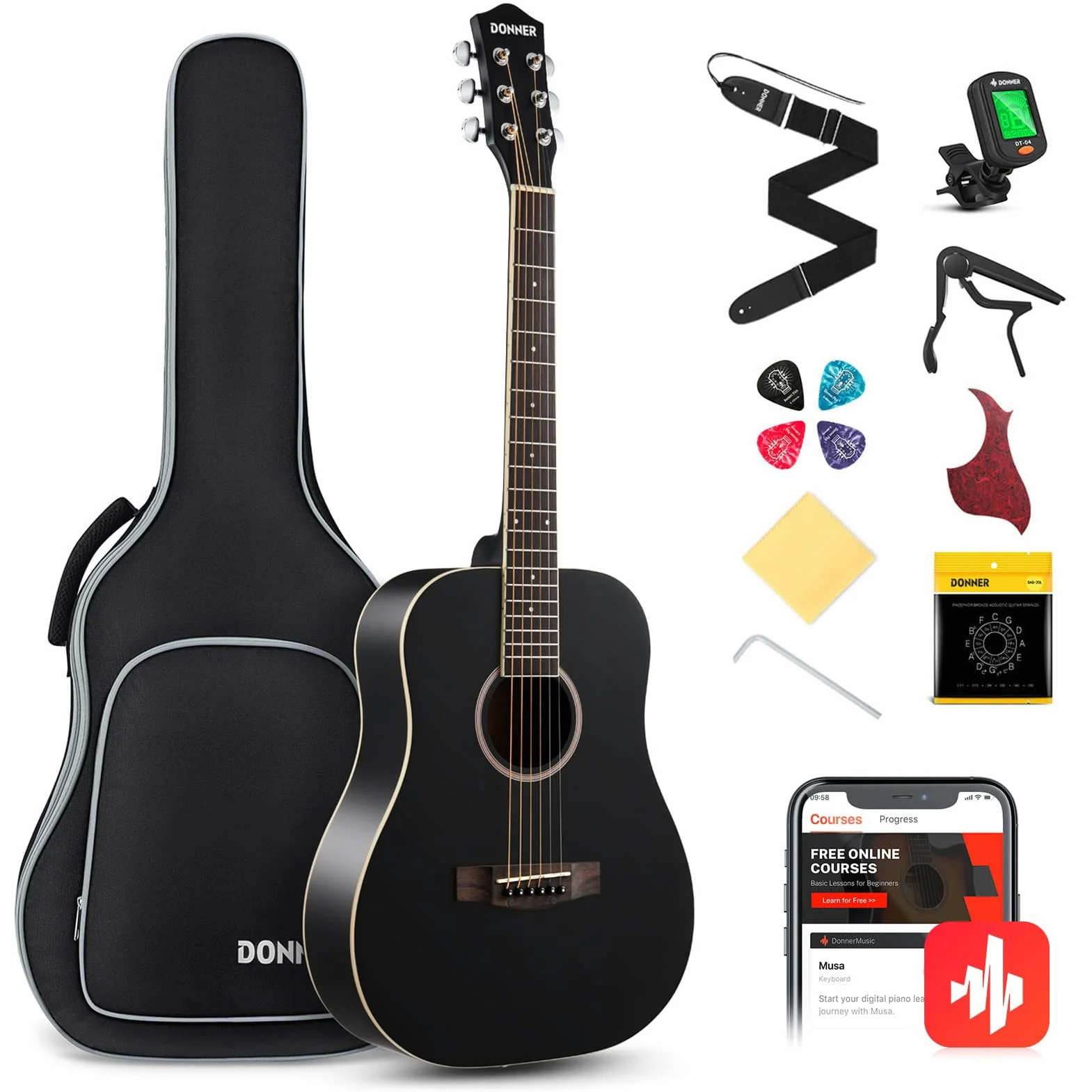 Donner Gitara akustyczna dla początkujących dorosłych 91 cm Dreadnought rozmiar 3/4 czarna gitara zestaw zestaw podróżny świerk drewno z torbą na koncert capo tuner pasek struna kostki gitarowe
