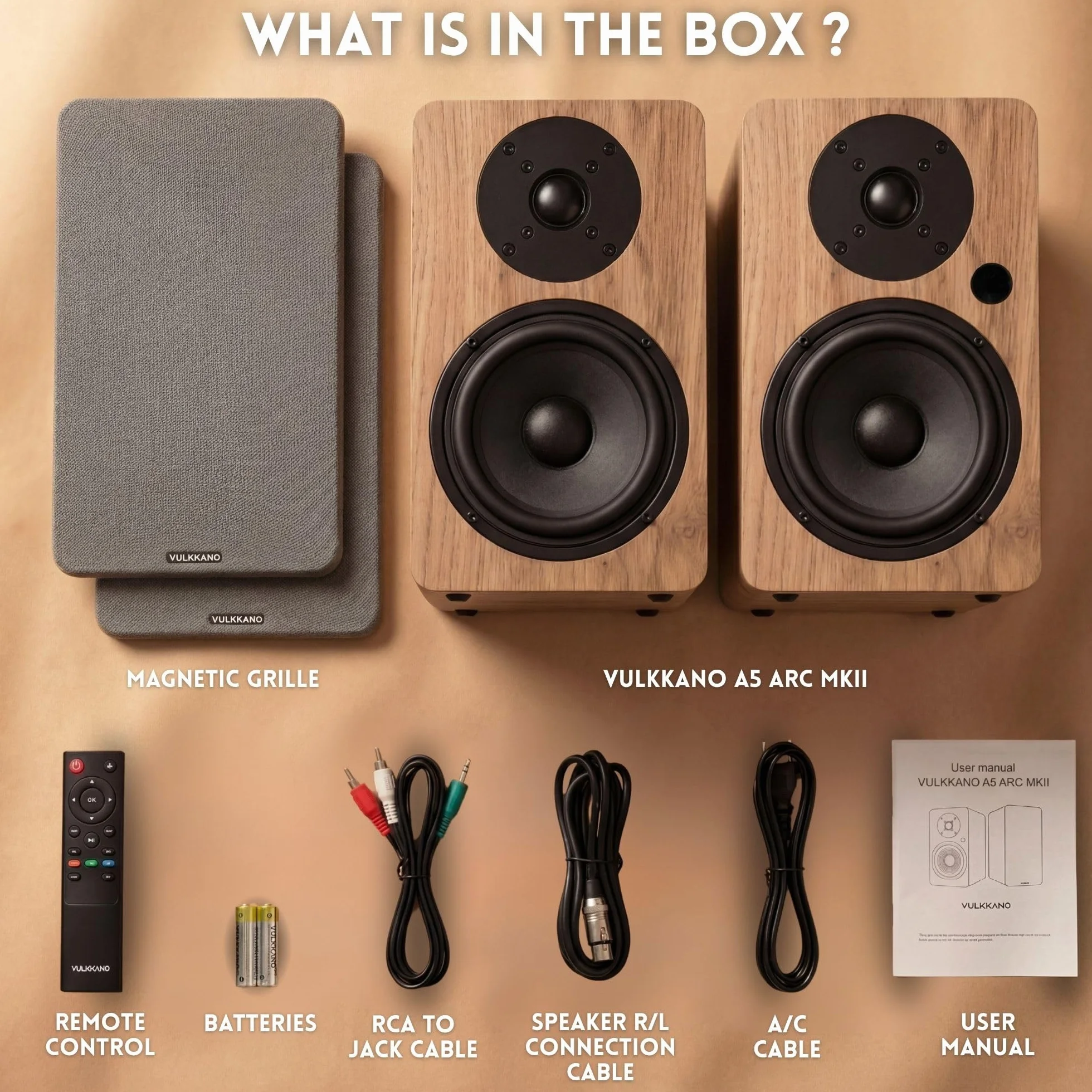 VULKKANO A5 ARC MKII 5,25" głośniki z głośnikiem niskotonowym, Bluetooth 5.0, HDMI ARC, Optica, RCA, USB, z wyjściem subwoofera, głośniki telewizyjne o eleganckim wyglądzie, kolor brązowy