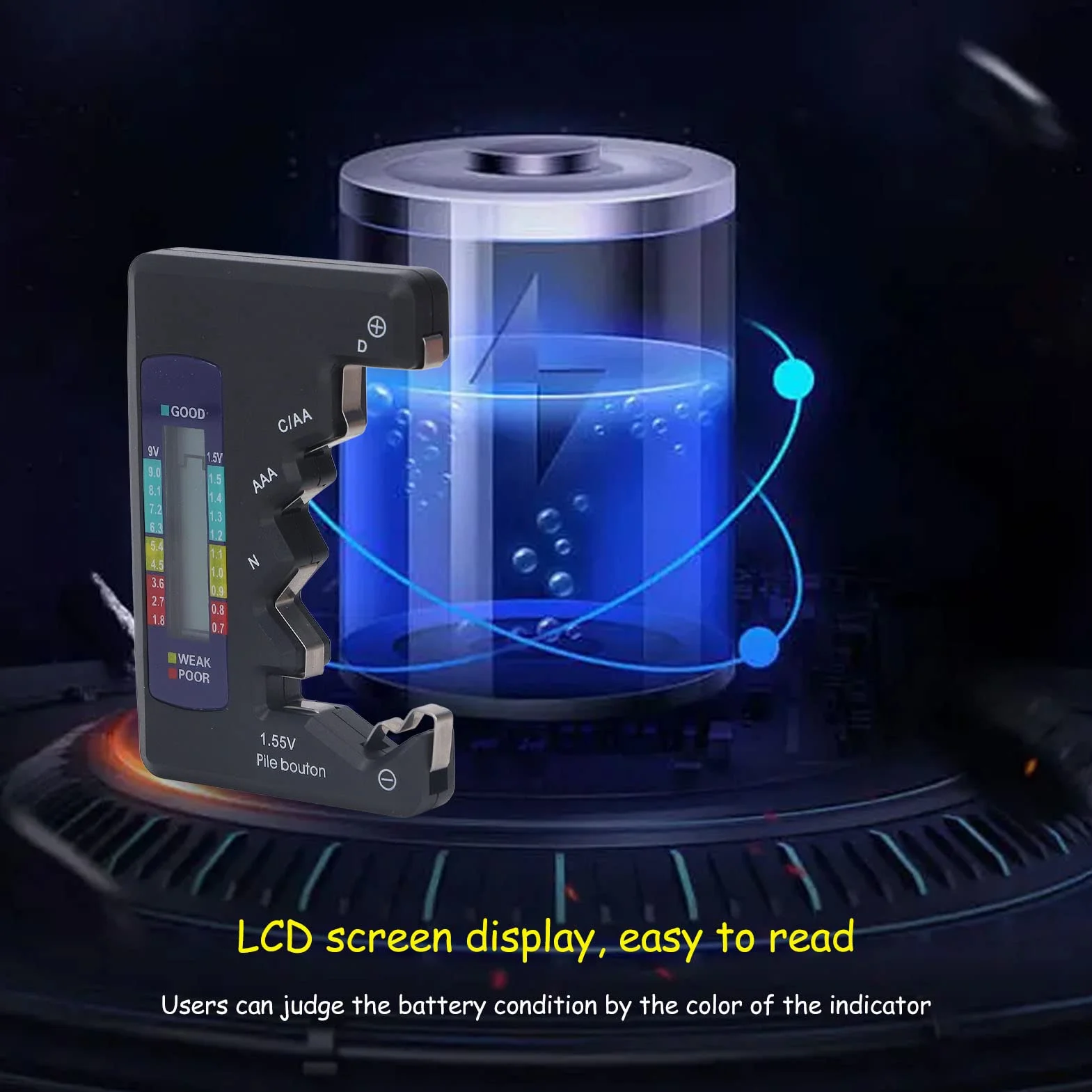 Cyfrowy Tester Baterii Cyfrowy LCD Uniwersalny Sprawdzacz Baterii Materiał ABS Światło Wskazujące na baterię 1,5 V 9 V AA AAA 9 V Baterie 6F22 1.55 V Baterie Guzikowe (Czarny)