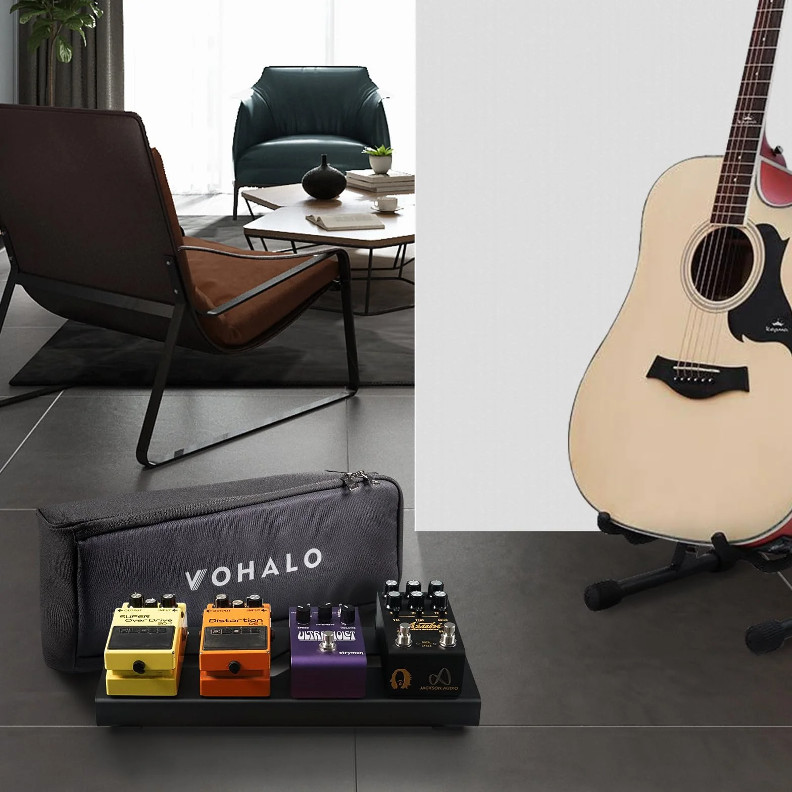 Mini tablica do pedałów gitarowych, efekty gitarowe, kompaktowy pedalboard z pedałami, taśma górska, kabel, kable krosowe, czarne (kombi tablic pedalowych)
