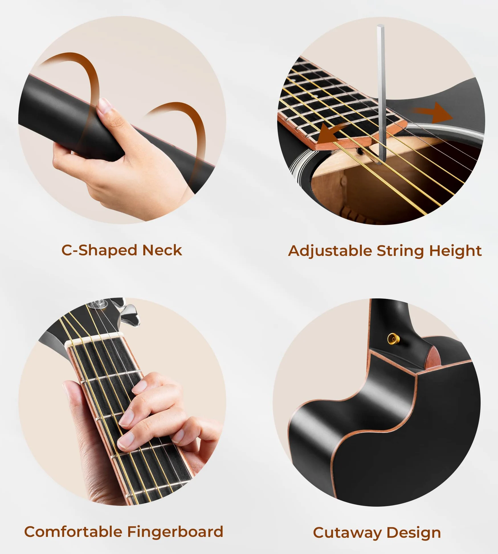 Vangoa 4/4 elektryczna gitara akustyczna, 41", gitara Cutaway z 4-pasmowym korektorem, wbudowany pickup, torba na gitarę i zestaw dla początkujących, kolor czarny
