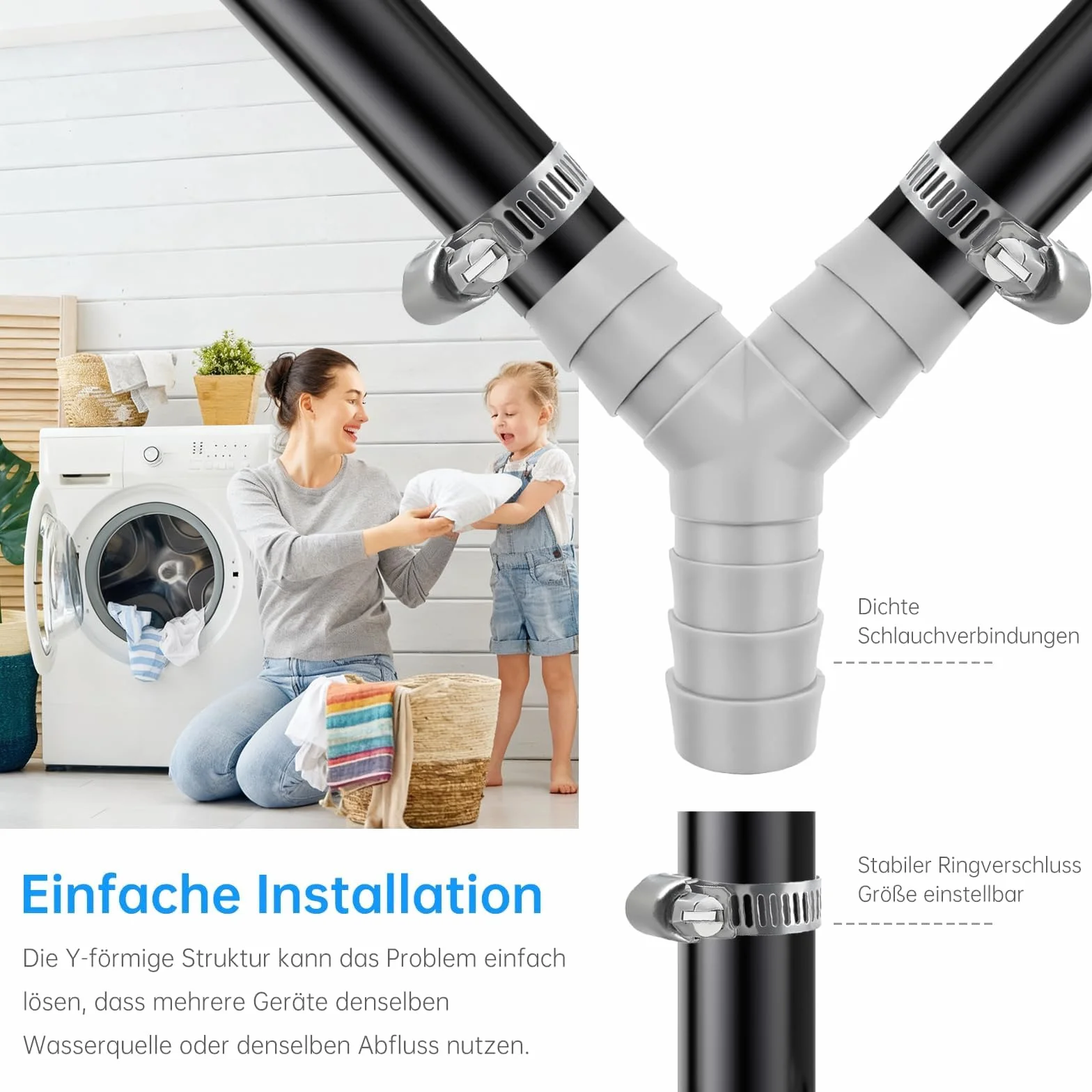 3-drożny rozdzielacz Y do węży odpływowych, złączka do węża odpływowego 20 mm, rozdzielacz odpływu, adapter do pralki i zmywarki, przyłącze do odpływu z 3 opaskami, idealny do kuchni i łazienki(szary)