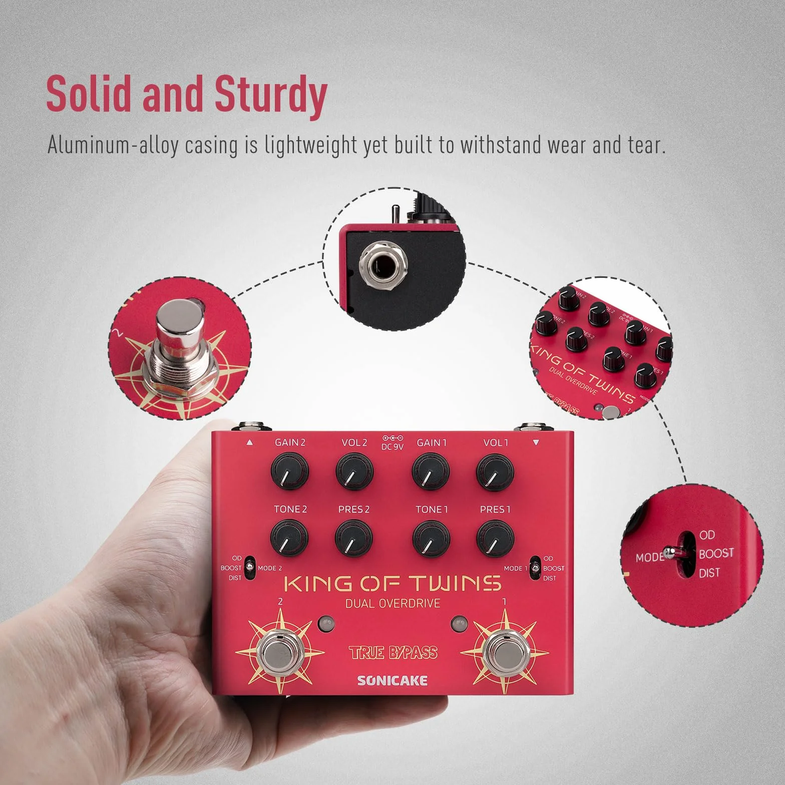 SONICAKE Overdrive, dwukanałowy, 3 tryby - Overdrive/Boost/Dystorsja, kompaktowy efektów do gitary basowej i elektrycznej, czysty obwód analogowy, True Bypass - King of Twins QDS-08