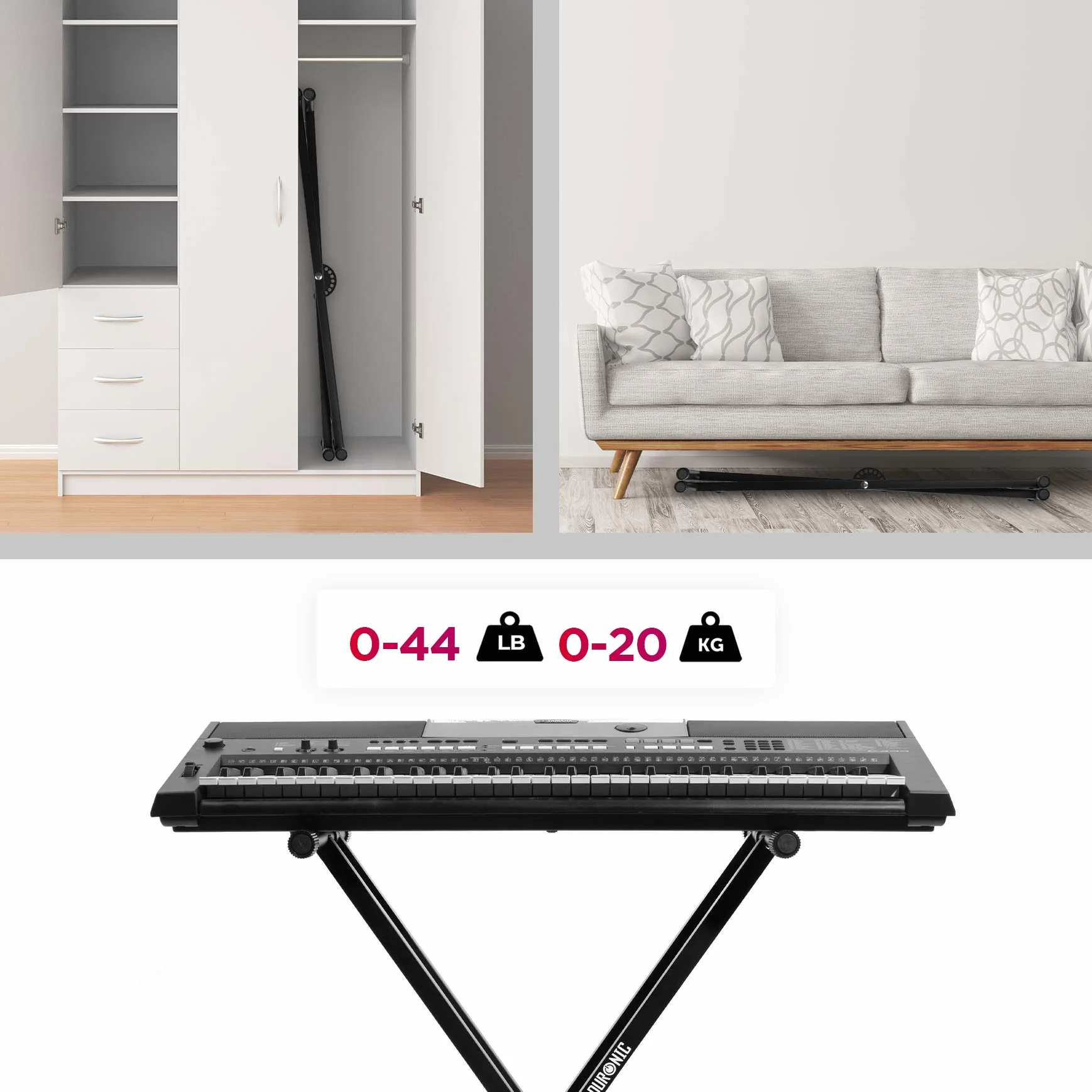 Duronic Stojak na klawiaturę KS2B, podwójna ramka X, regulowana wysokość 33–98 cm, podwójne szelki do pianina cyfrowego, szybkie zwalnianie, z paskami podtrzymującymi do zabezpieczenia klawiatury,