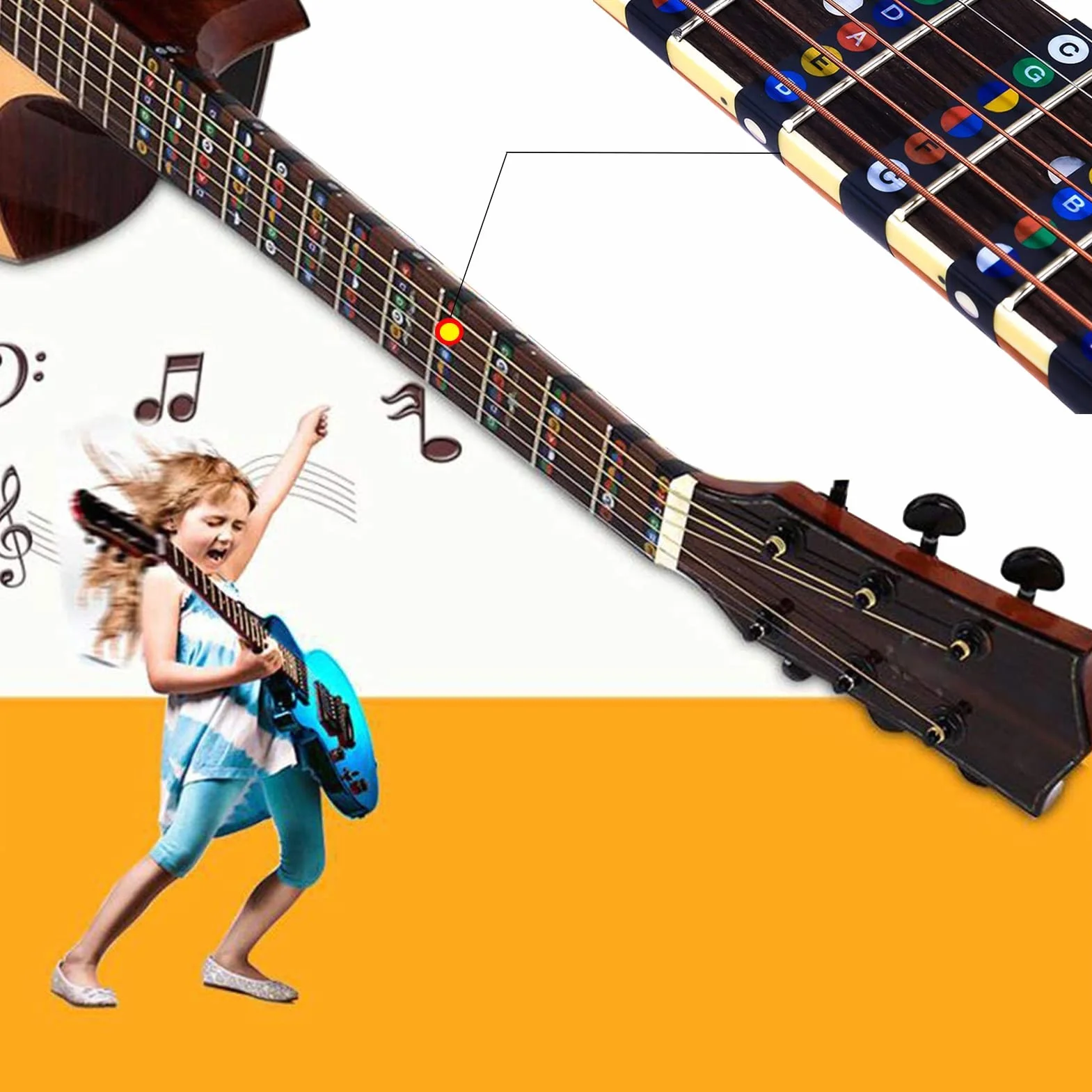 Naklejki na podstrunnicę gitarową z wykresem akordów, kolorowe nuty, zestaw do nauki gry na gitarze 6-strunowej