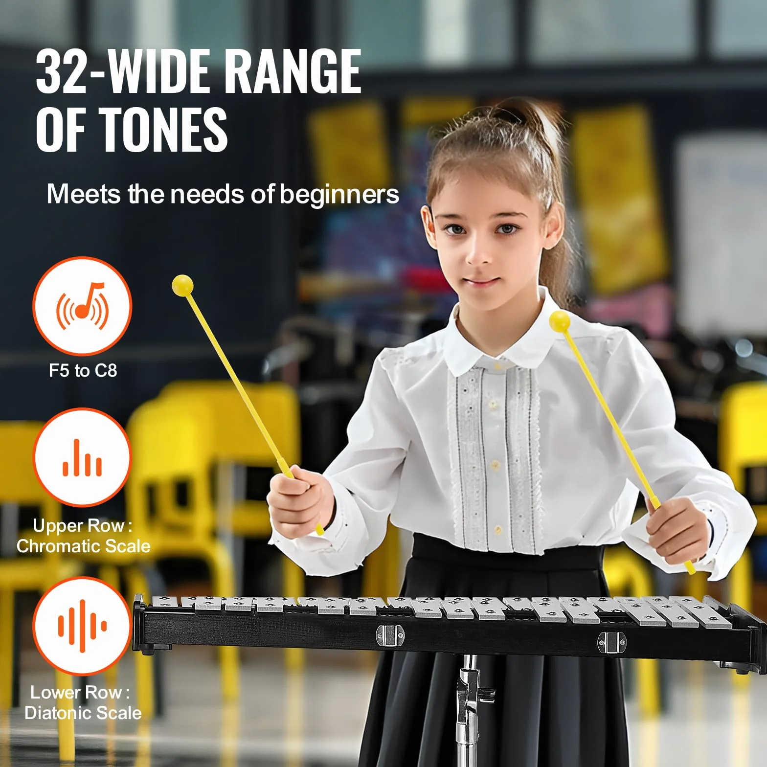 VEVOR Zestaw do ksylofonu Glockenspiel z 32 notatkami, profesjonalny instrument perkusyjny z młotkami, pałeczkami, regulowanym wspornikiem, torbą do przenoszenia, zestaw instrumentów edukacyjnych dla