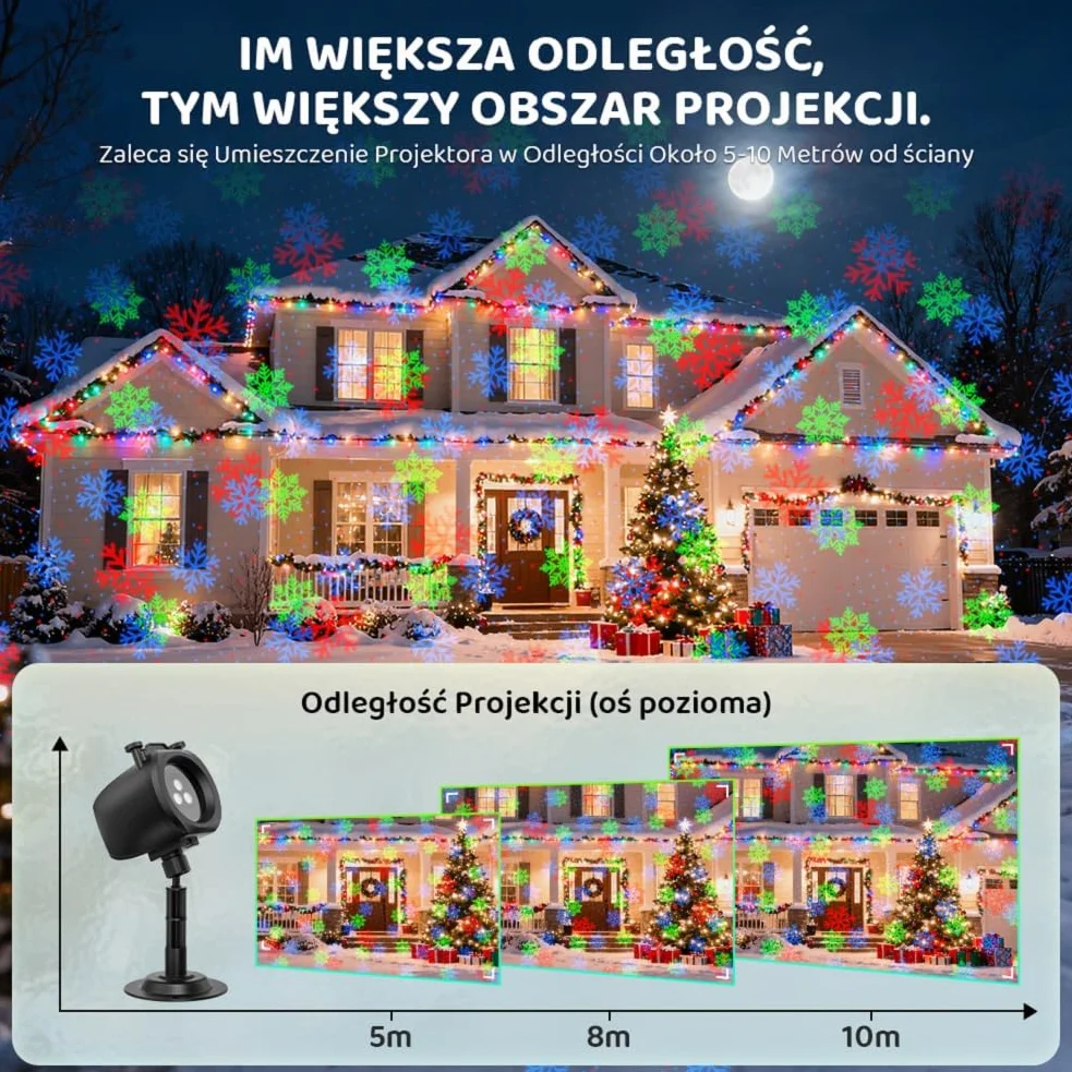 OUSFOT Projektor Laserowy Boże Narodzenie, 3 Kolorowy, Czerwono-Zielono-Niebieski, 5 Kart Projekcyjnych, Projektor Zewnętrzny z Pilotem i Funkcją Timera, Boże Narodzenie, Imprezę, Kropkę L