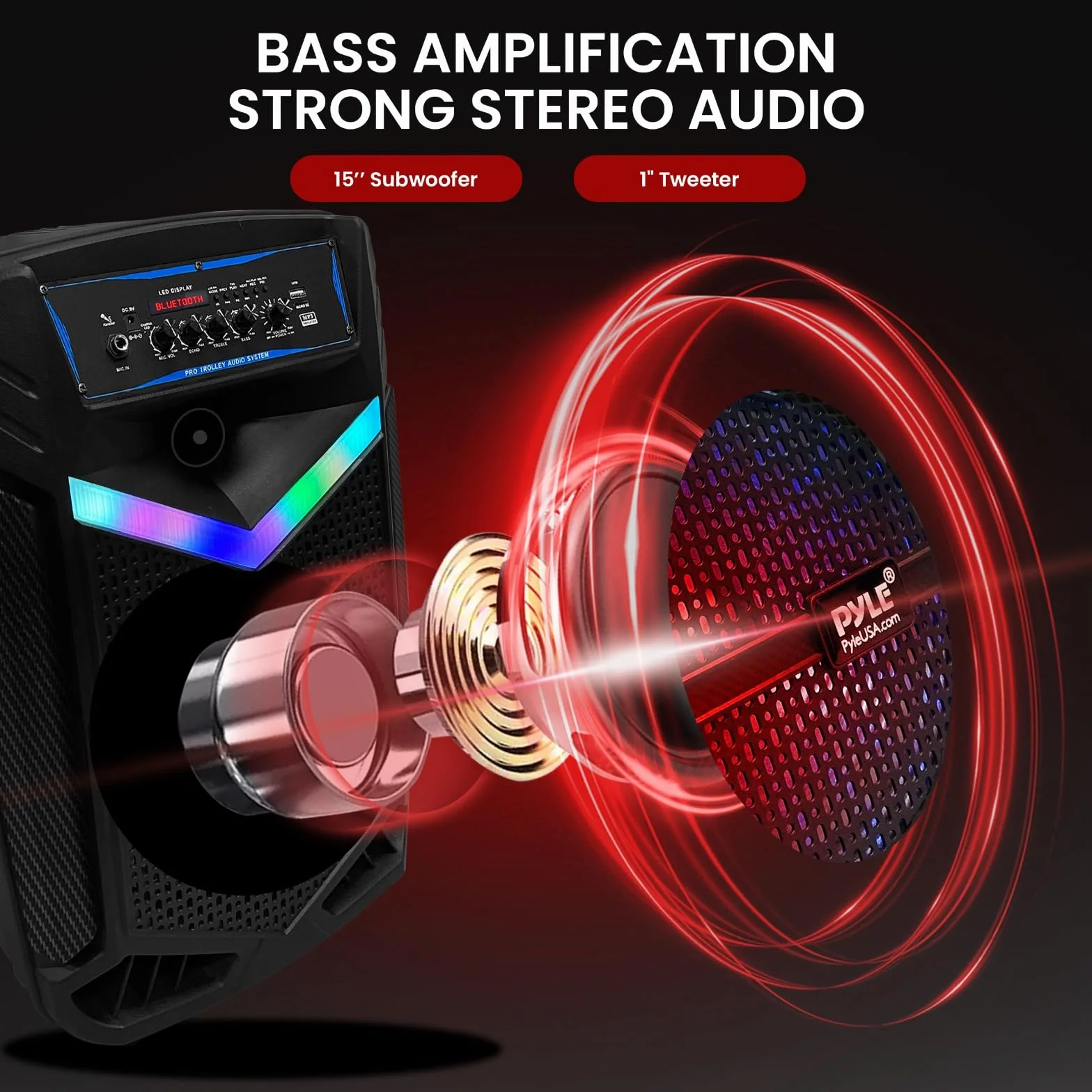Pyle Przenośny system głośników PA Bluetooth – 1200 W, przenośny głośnik Bluetooth, system PA z subwooferem 15", 1" Tweeter, mikrofon z funkcją nagrywania na imprezie, z radiem USB/SD