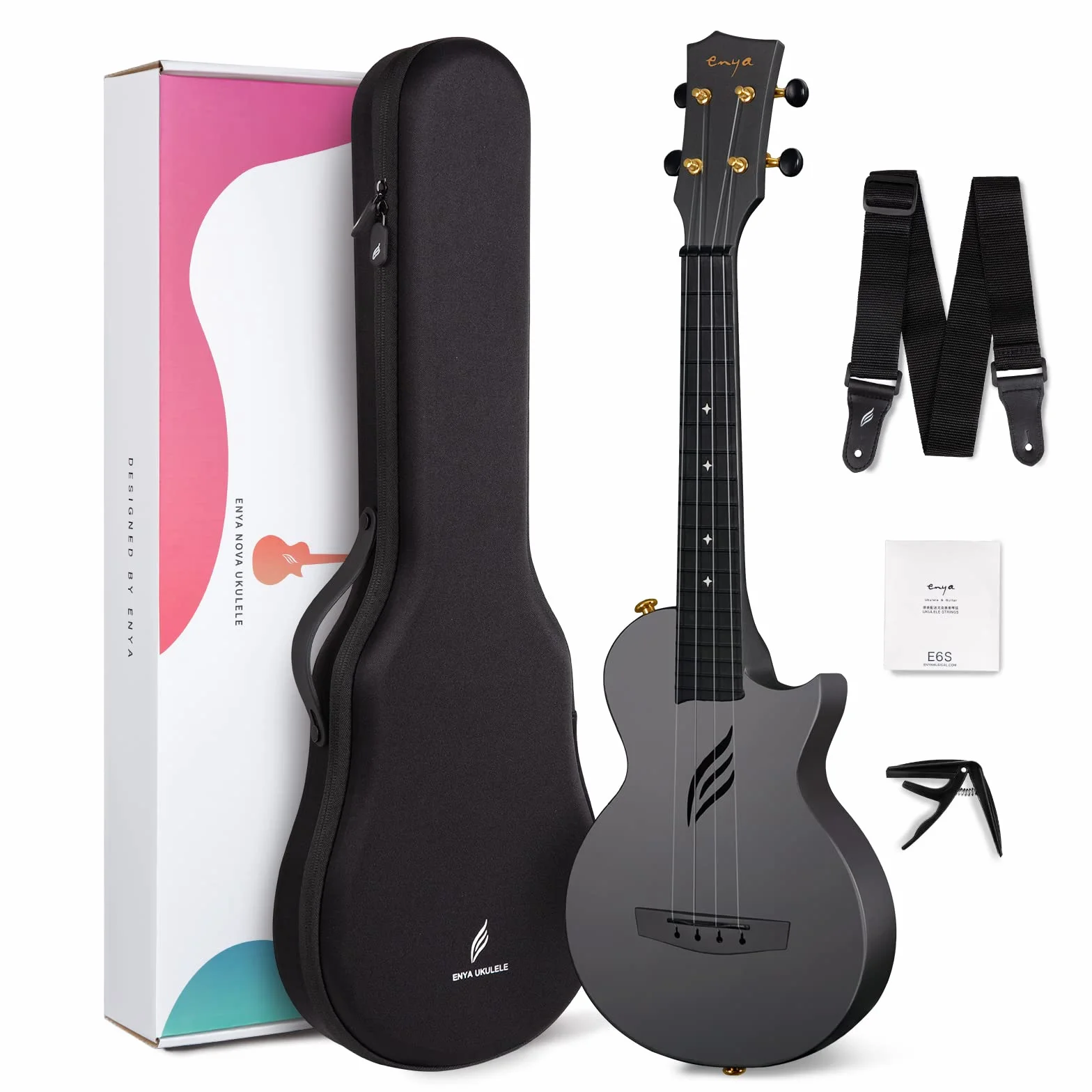 Enya Ukulele koncertowe Nova U 53 cm z włókna węglowego, dla początkujących i zaawansowanych użytkowników, z torbą i paskiem Capo wodoszczelne (czarne)