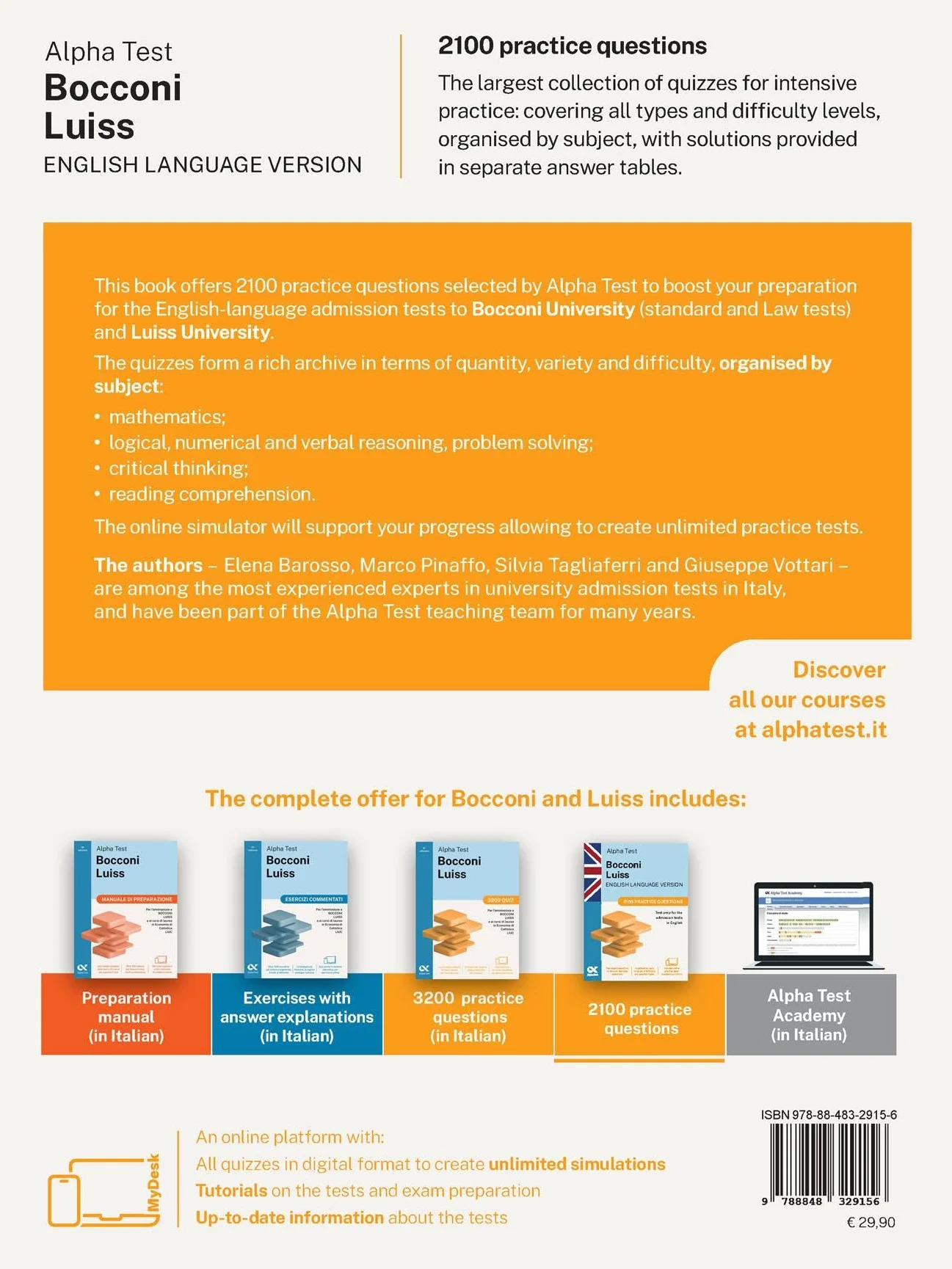 Alpha Test Bocconi Luiss English version 2026-2027. 2100 practice questions. Test prep for the admission tests in English. With online simulator