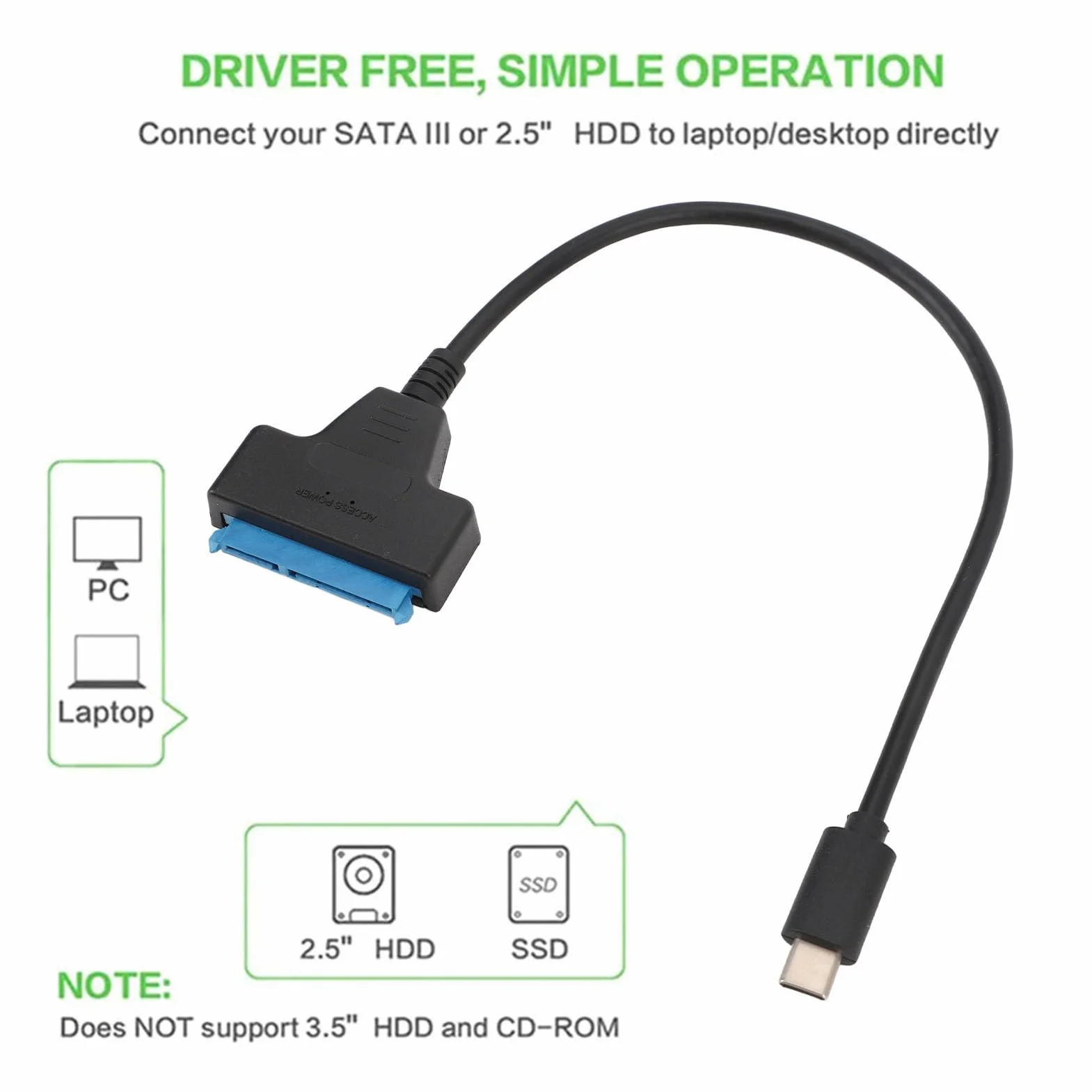 Kabel SATA na USB 3.1 Typu C, Kabel USB C 3.1 do 2,5 Cala SATA SSD/HDD, Adapter Zewnętrznego Dysku Twardego do 2,5-calowego Dysku SSD SSD, Obsługa UASP, Kabel 30 Cm